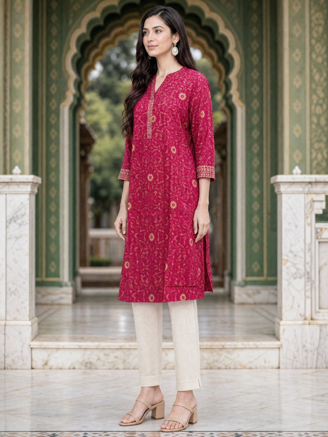 Buy Rayon Printed Straight Knee Length Kurta-Red