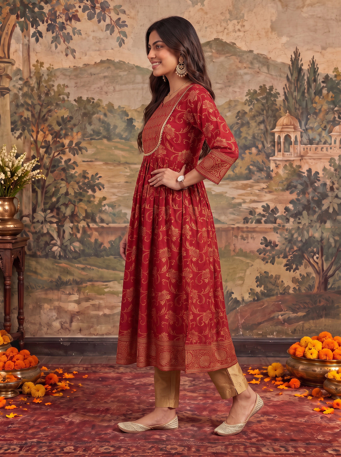 Buy Rayon Printed Flared Calf Length Kurta-Maroon