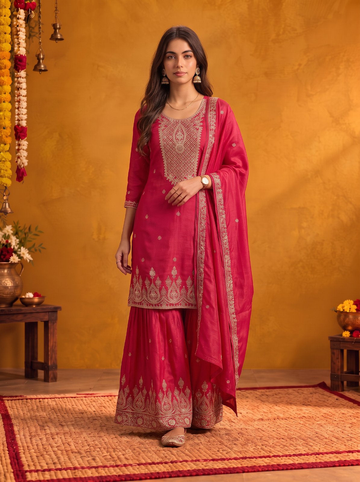 Viscose Embroidered Straight Knee Length Kurta With Pant and Dupatta