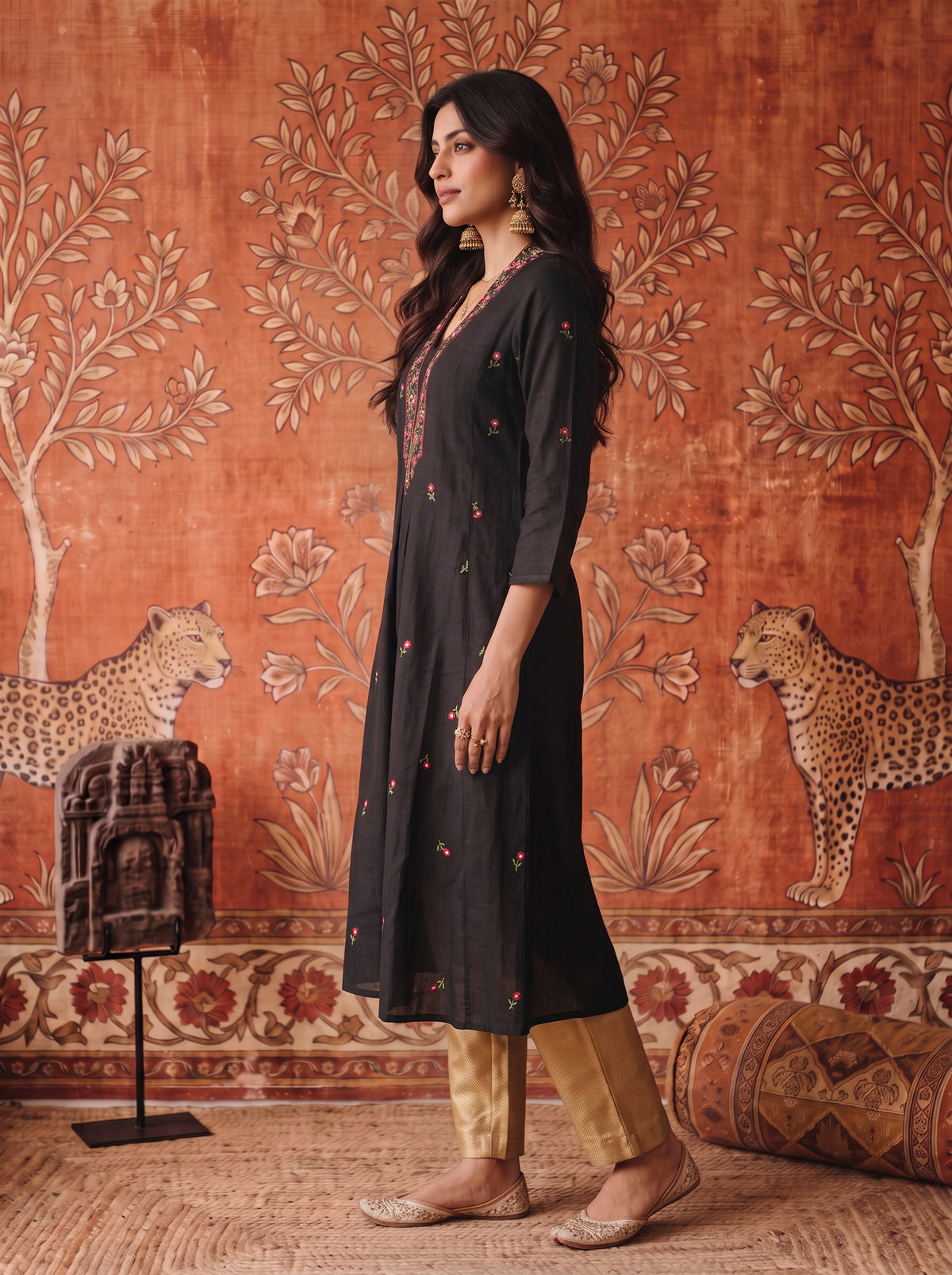 Cotton Embroidered Flared Calf Length Kurta