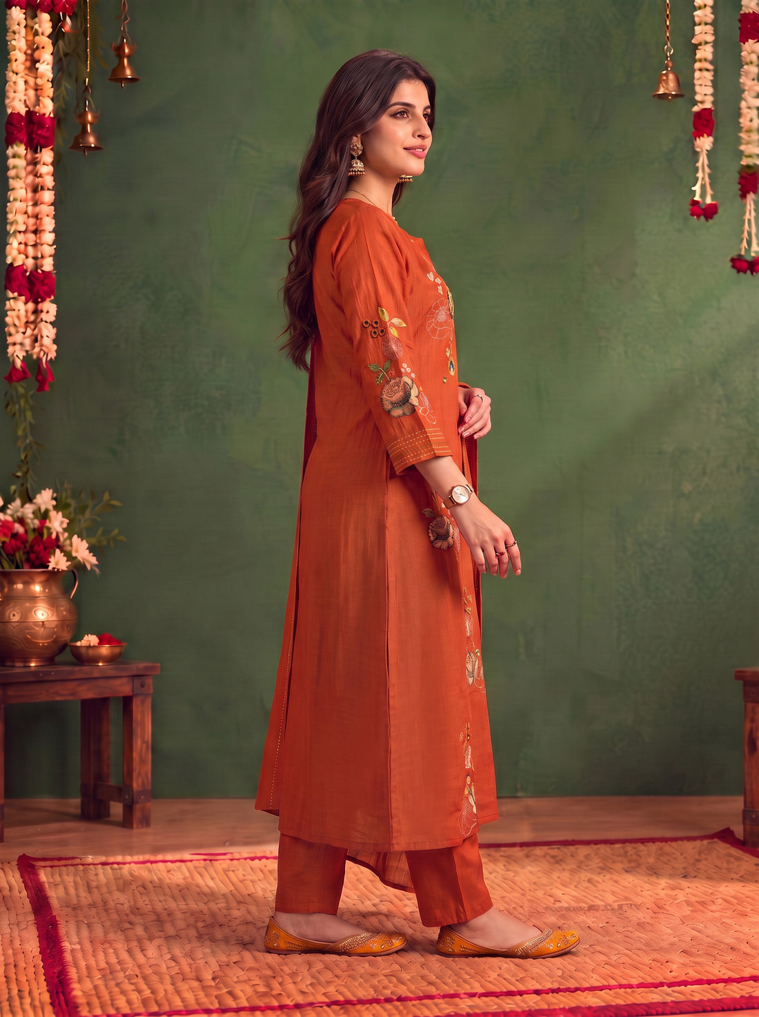 Buy Viscose Embroidered A-Line Calf Length Kurta With Pant and Dupatta-Rust
