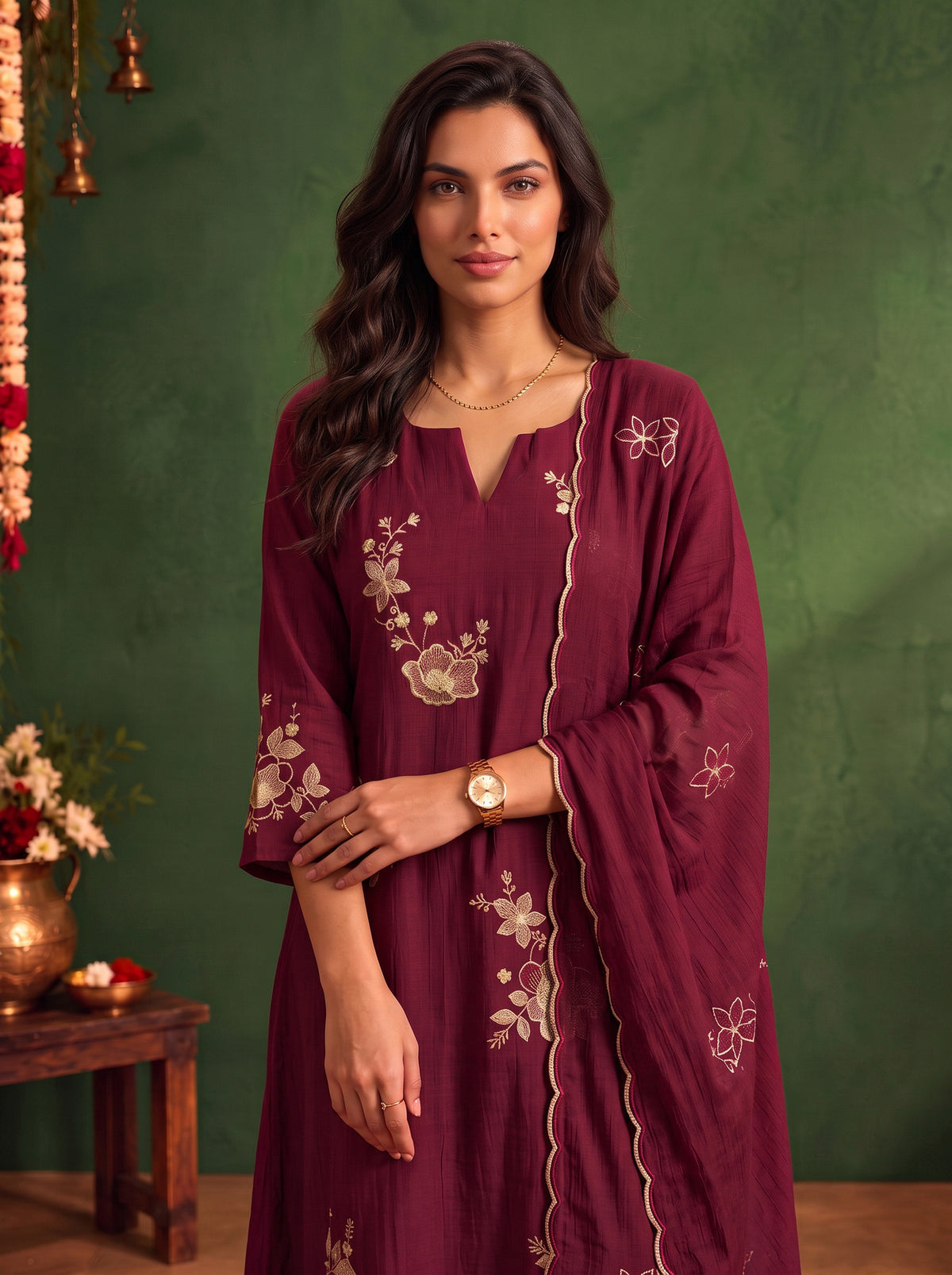 Viscose Embroidered A-Line Calf Length Kurta With Pant and Dupatta