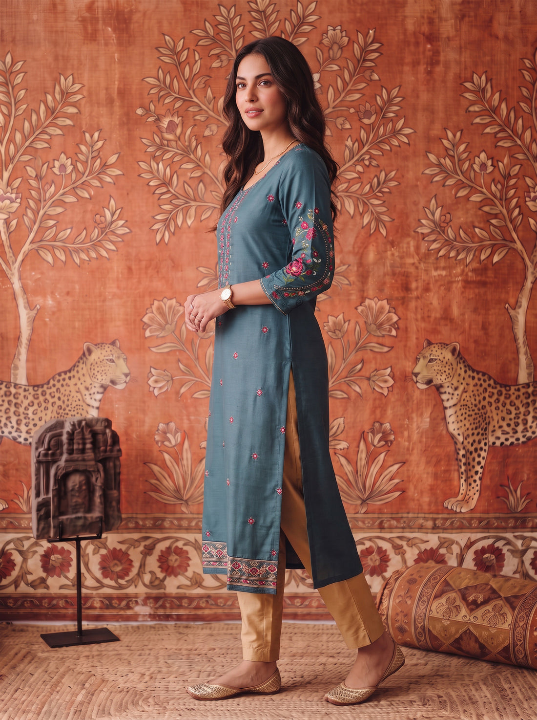 Buy Viscose Embroidered Straight Calf Length Kurta-Teal