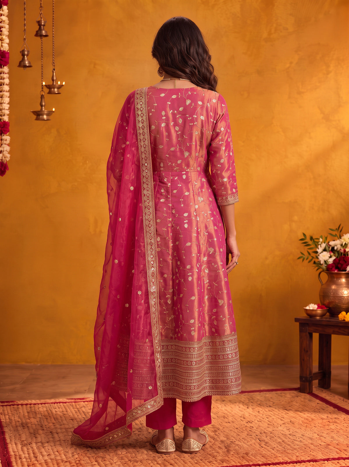 Viscose Embroidered Flared Calf Length Kurta With Pant and Dupatta