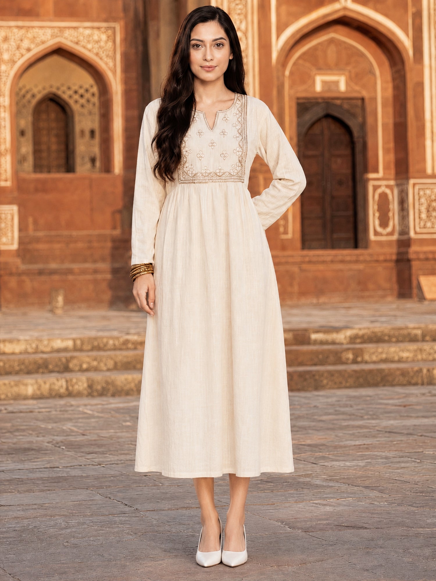 Viscose Embroidered Flared Calf Length Dress