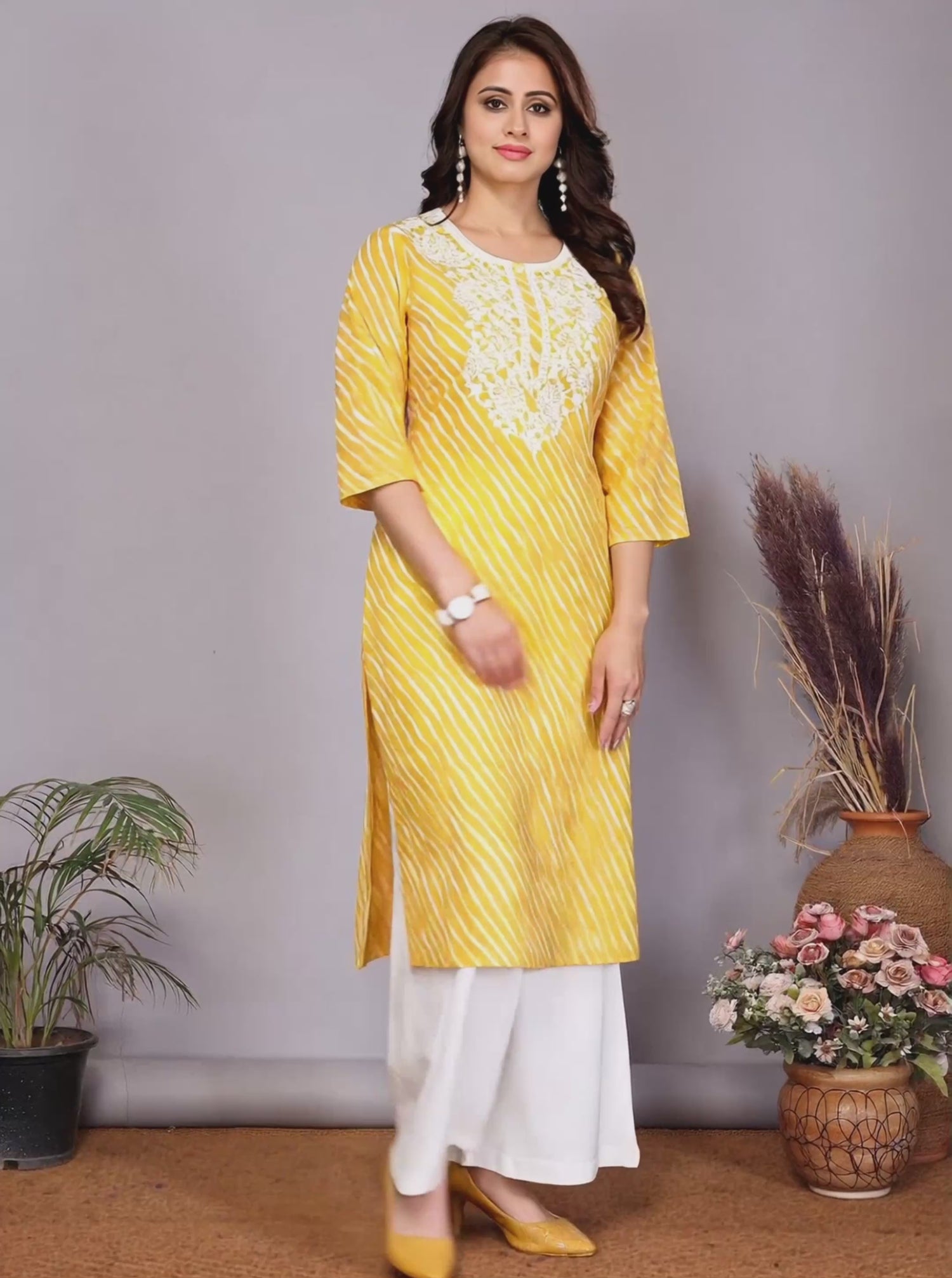 Buy Cotton Embroidered Straight Calf Length Kurta-Yellow