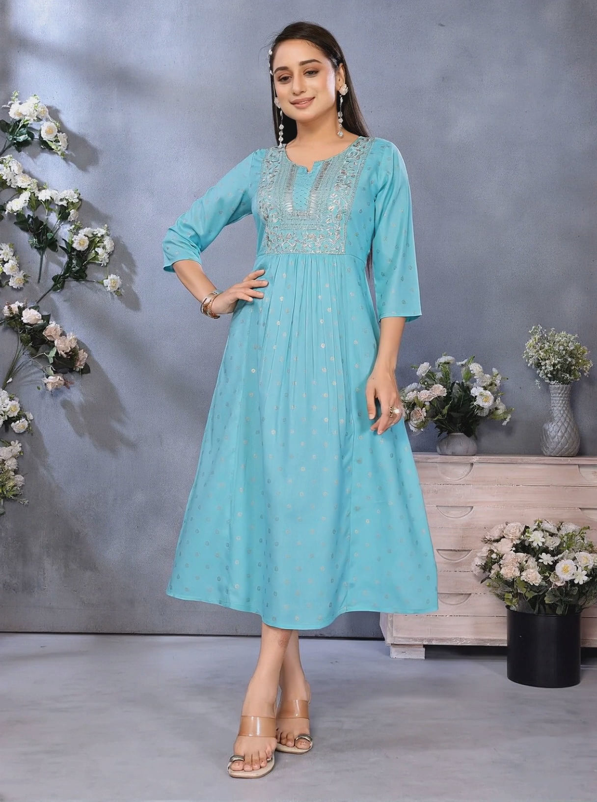 Buy Rayon Embroidered Flared Calf Length Kurta-Aqua