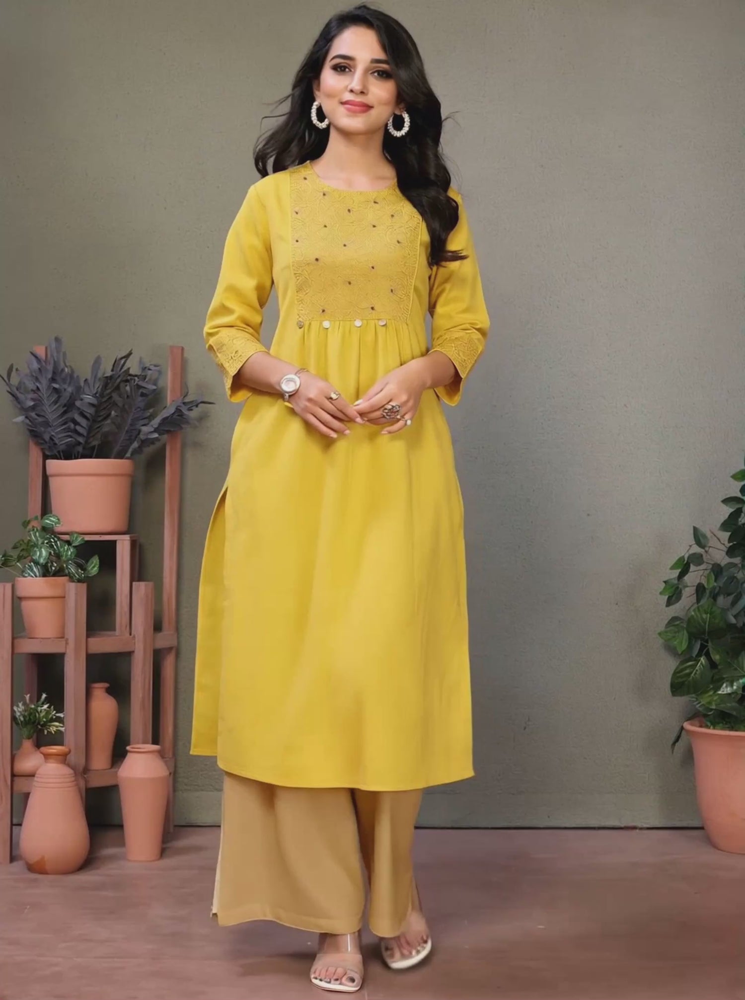 Buy कॉटन प्रिंटेड काफ़ लेंथ स्ट्रेट कुर्ता-पीला