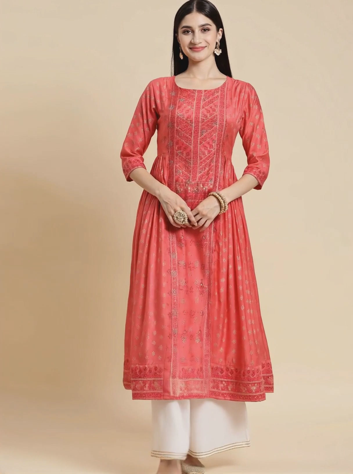 Buy Chanderi Sequin Yoke Embroidered Calf Length Kurta Gathered At Side-Coral