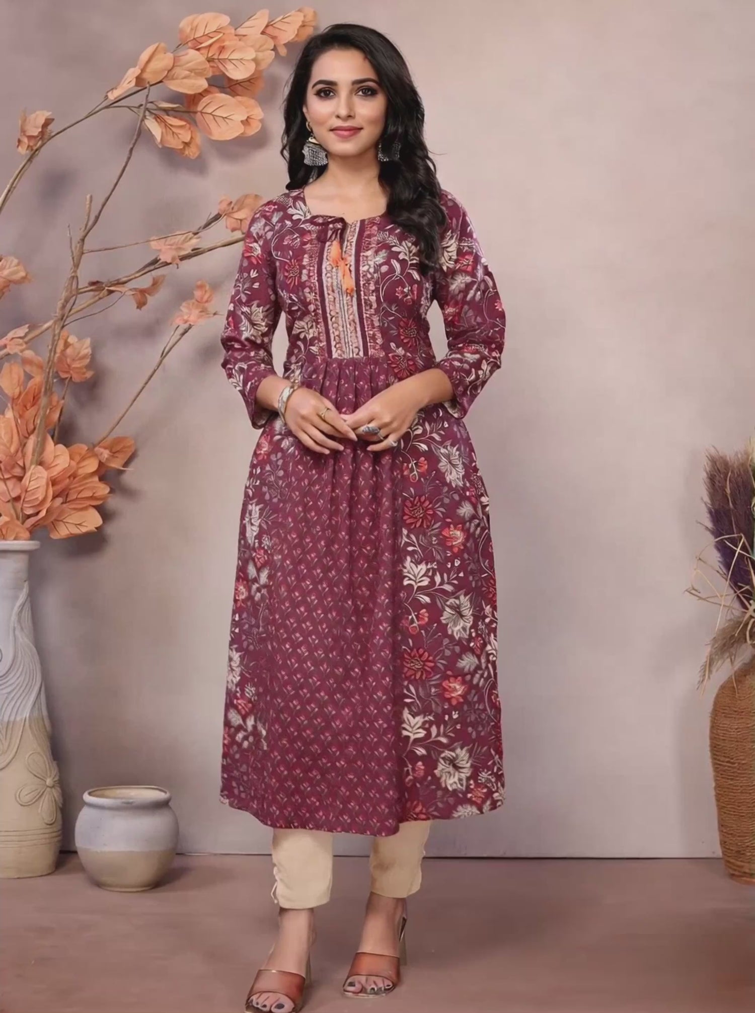 Buy కాటన్ ఎంబ్రాయిడరీ కాఫ్ లెంగ్త్ A-లైన్ కుర్తా-మెరూన్