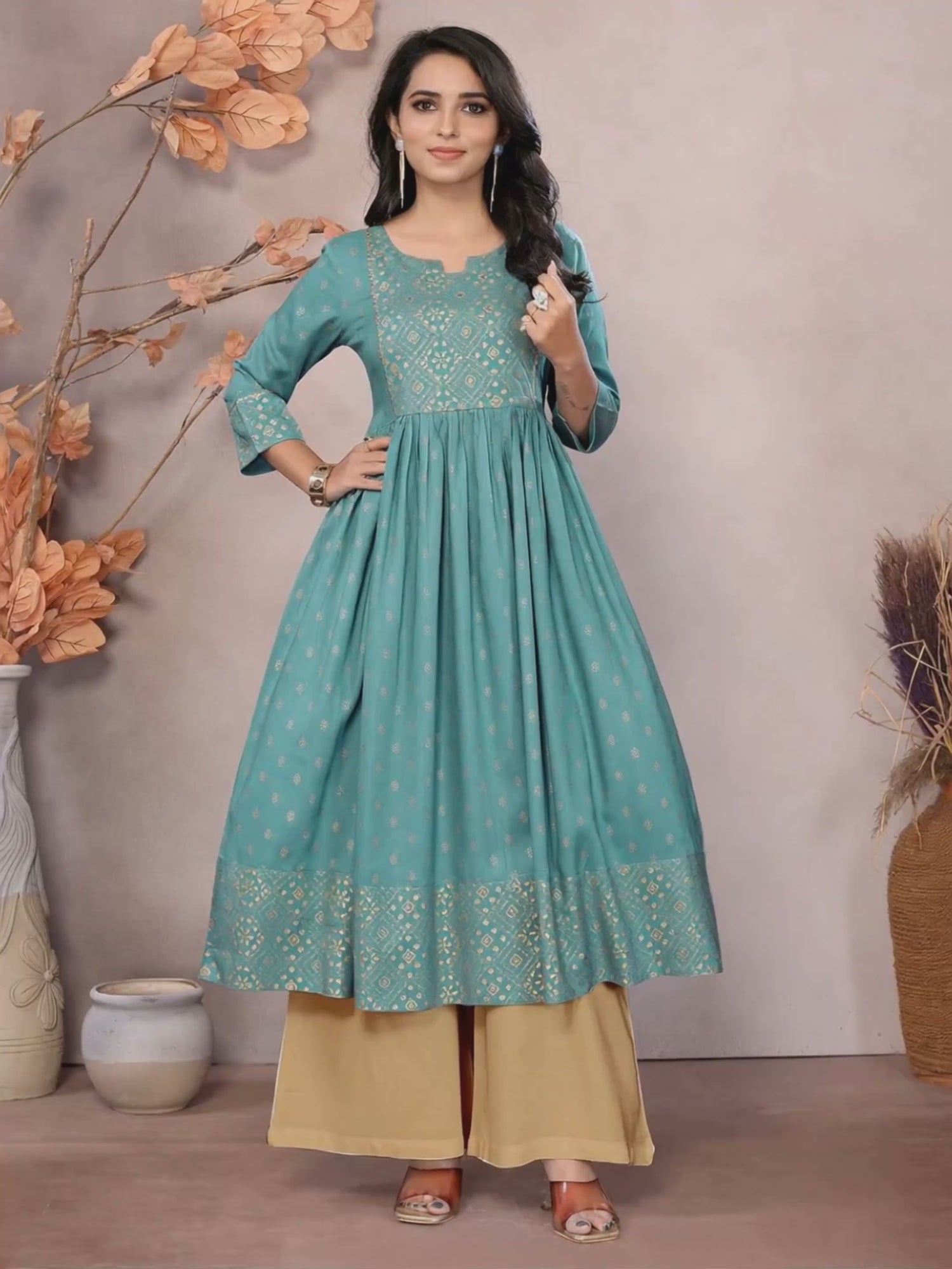 Buy रेयान प्रिंटेड काफ़ लेंथ अनारकली कुर्ता-समुद्र हरा
