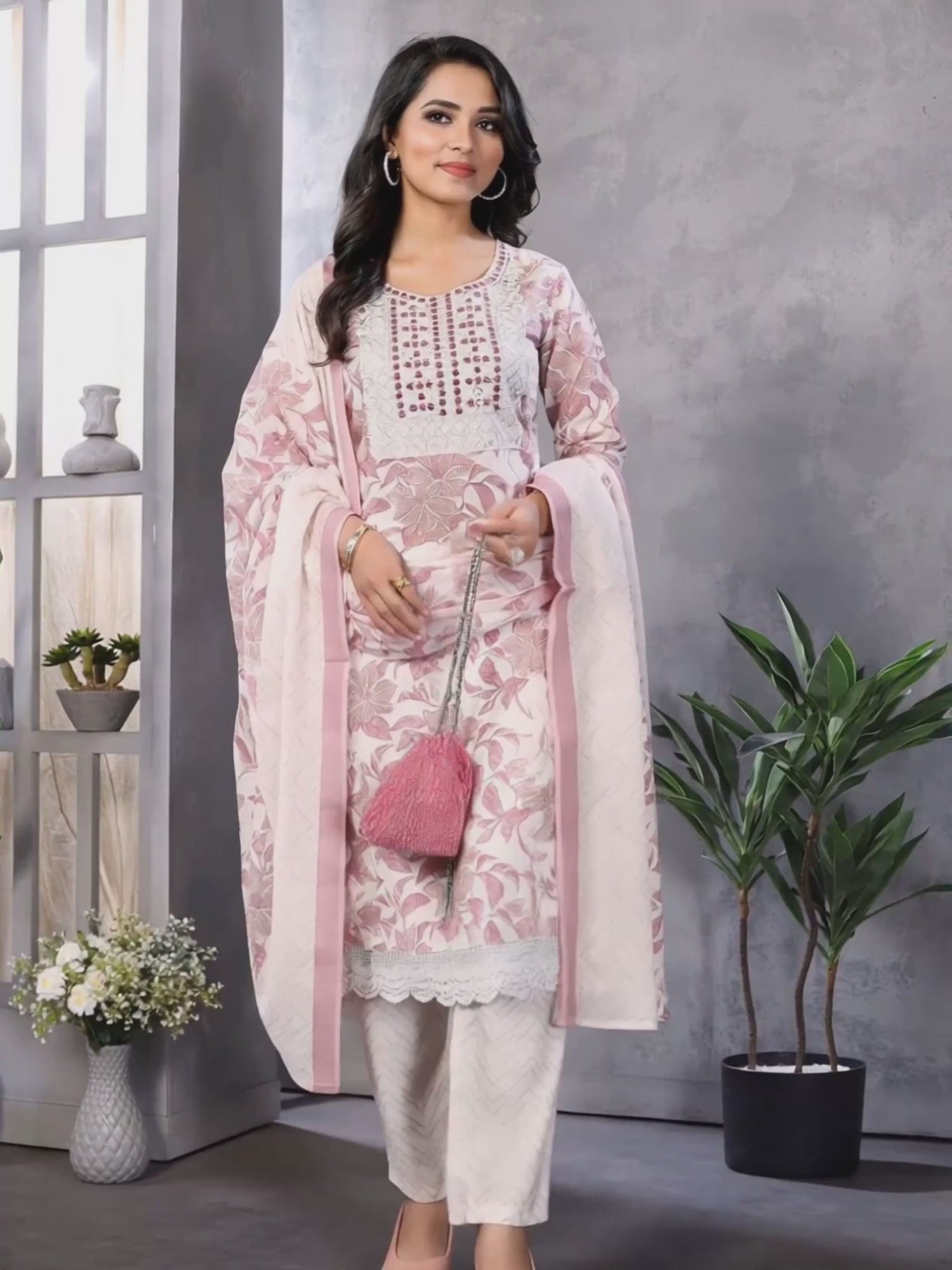 Buy Cotton Embroidered Knee Length Straight Kurta With Pant And Dupatta-Off White