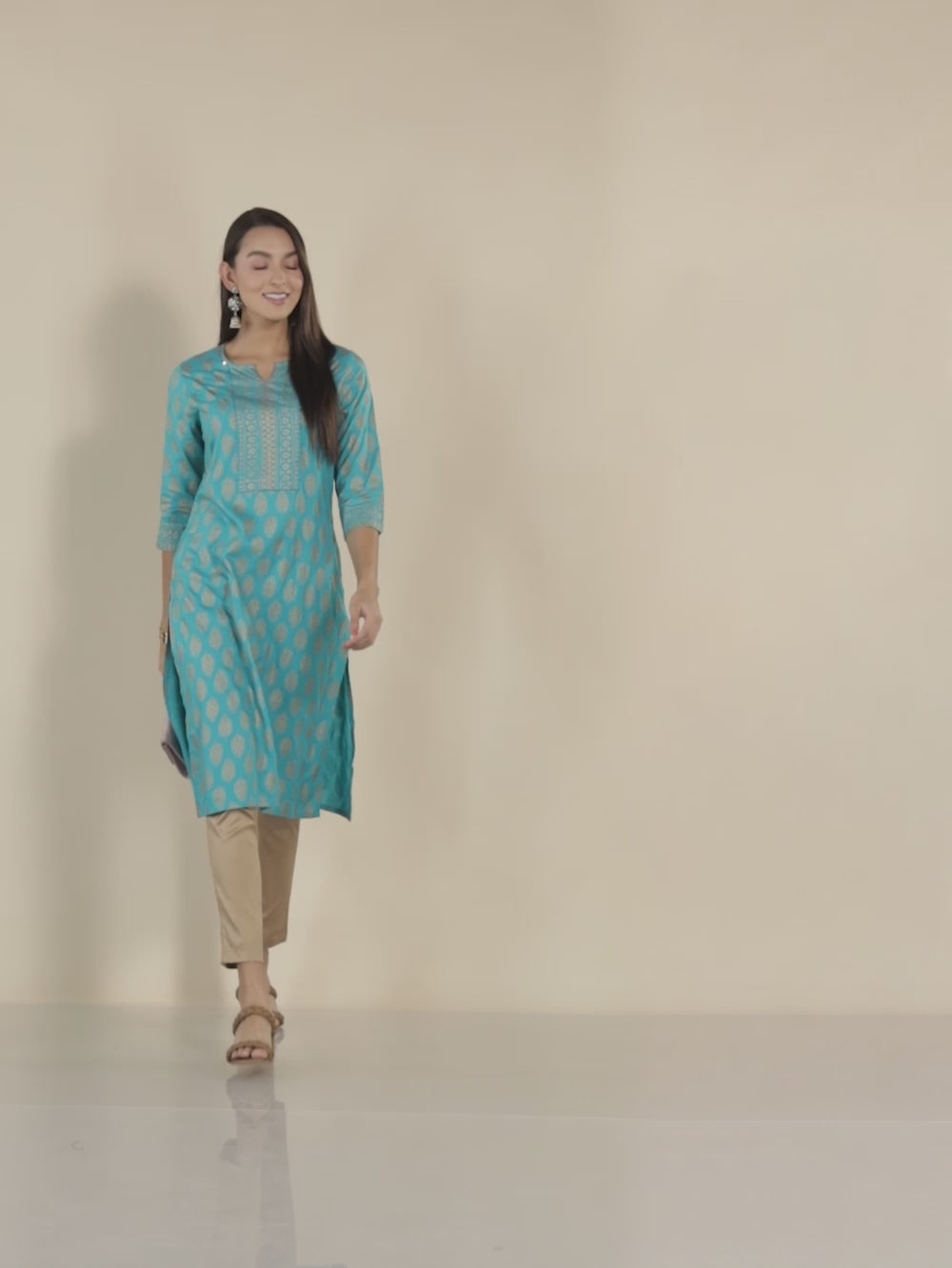 Buy Rayon Gold Printed Knee Length Straight Kurta-Turquoise