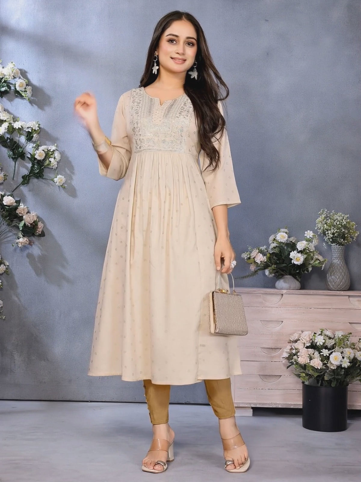 Buy Rayon Embroidered Flared Calf Length Kurta-Beige