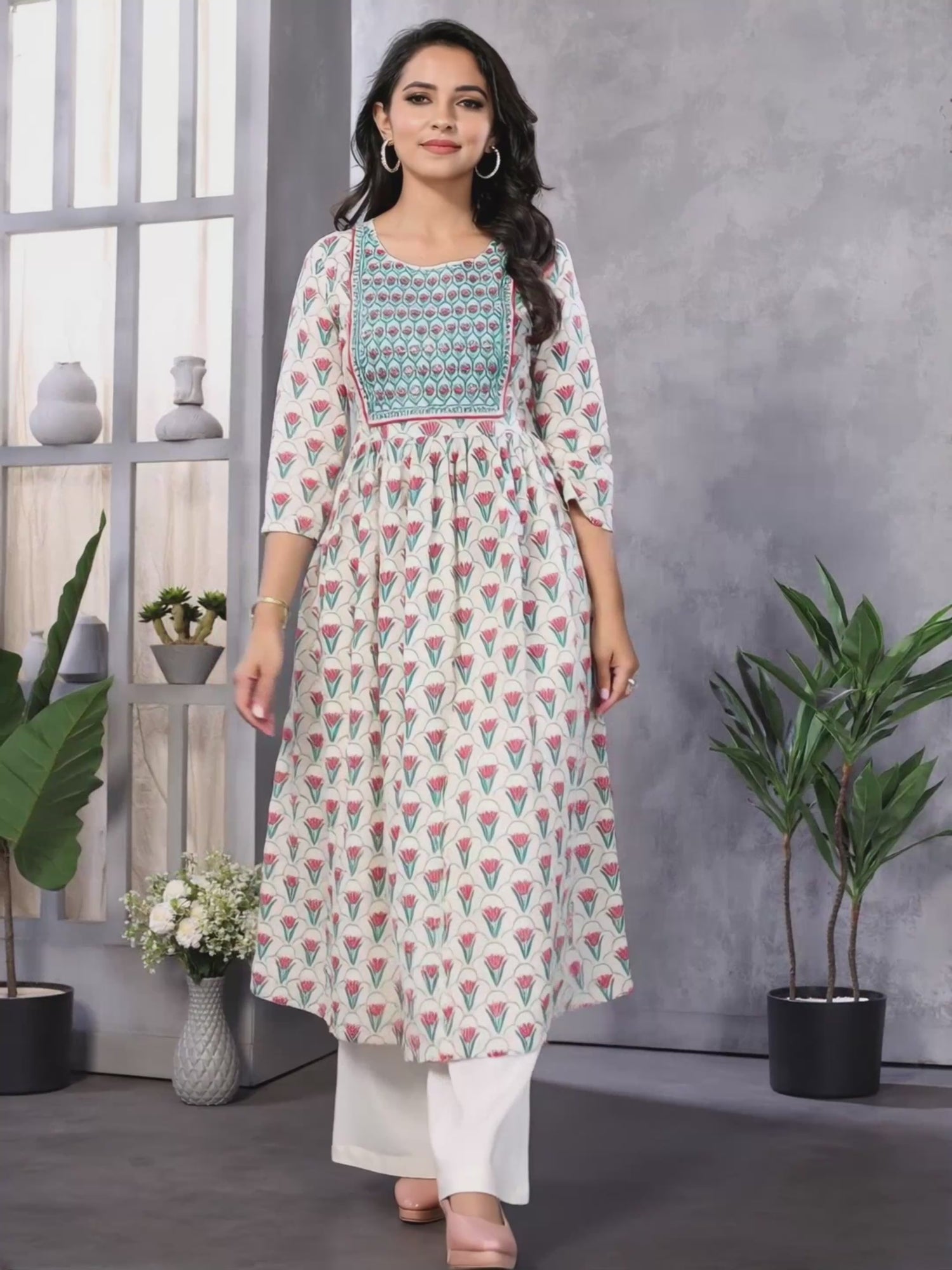 Buy కాటన్ ఎంబ్రాయిడరీ కాఫ్ లెంగ్త్ అనార్కలి కుర్తా-ఆఫ్ వైట్