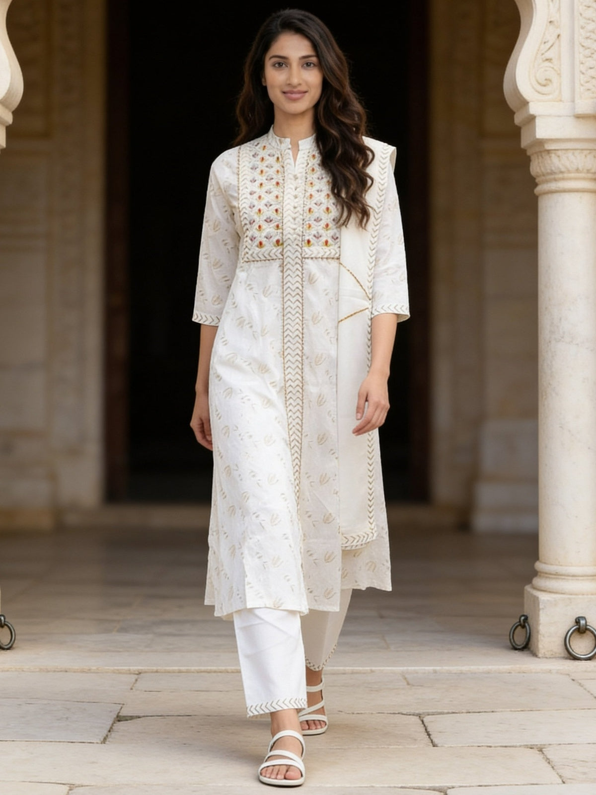 Cotton Embroidered Straight Calf Length Kurta With Pant and Dupatta