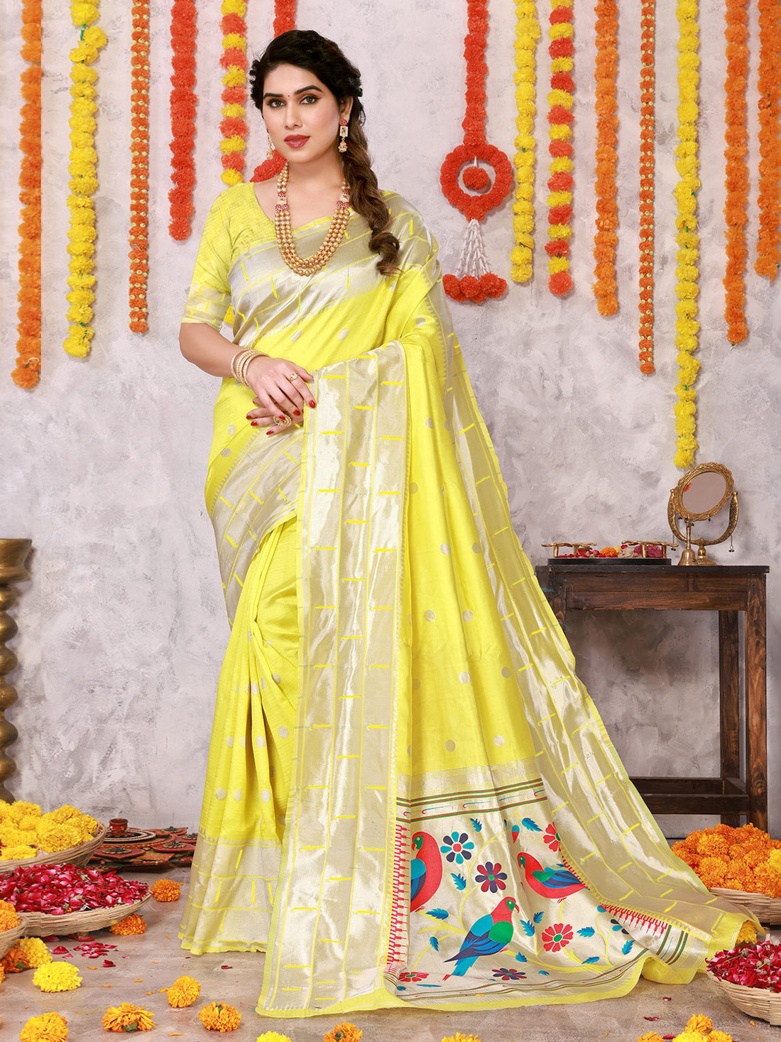 Buy Ethnic Motifs Woven Silk Saree With Blouse Piece-Yellow