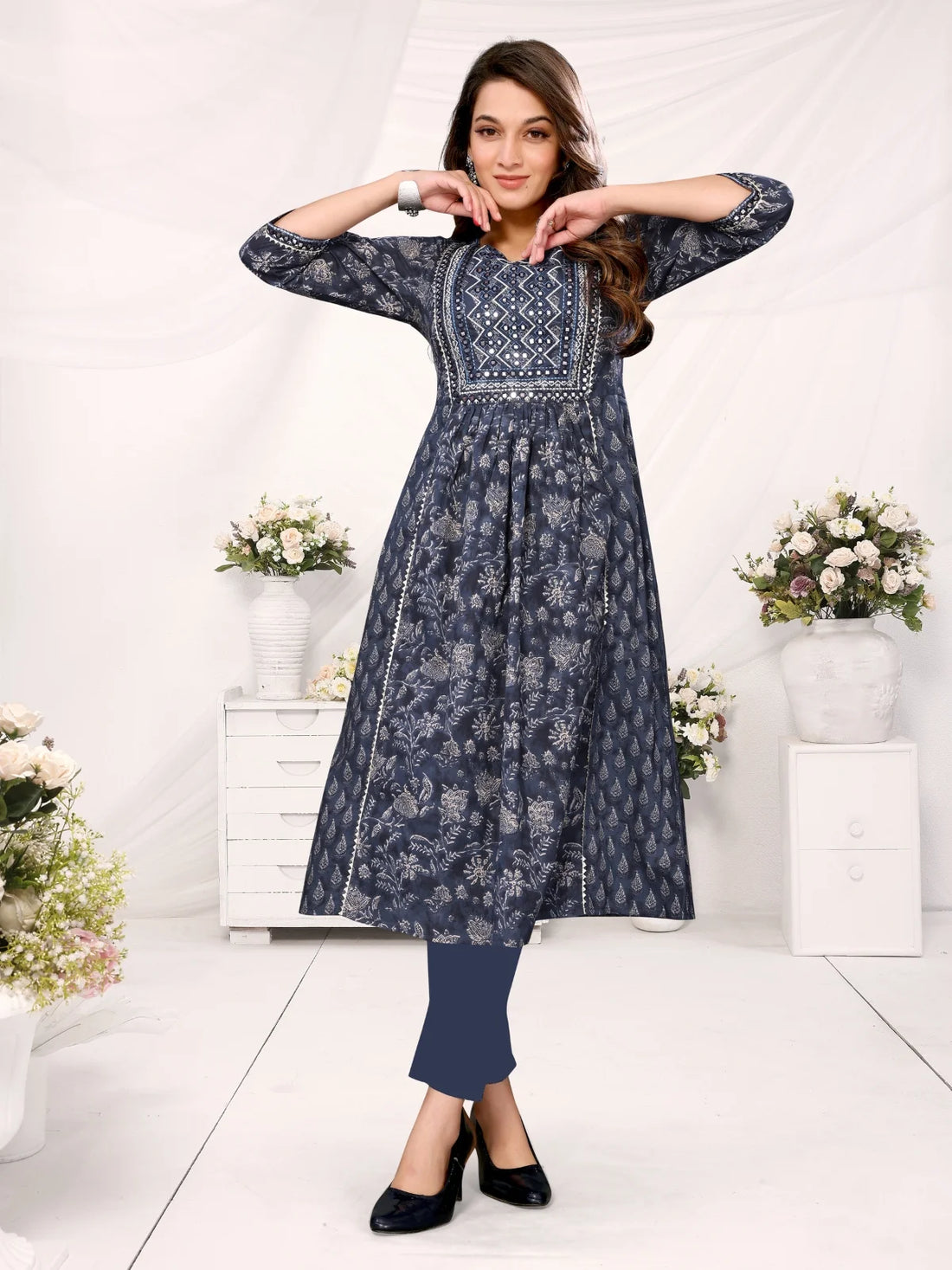 Buy Cotton Embroidered Calf Length Flared Kurta-Navy Blue