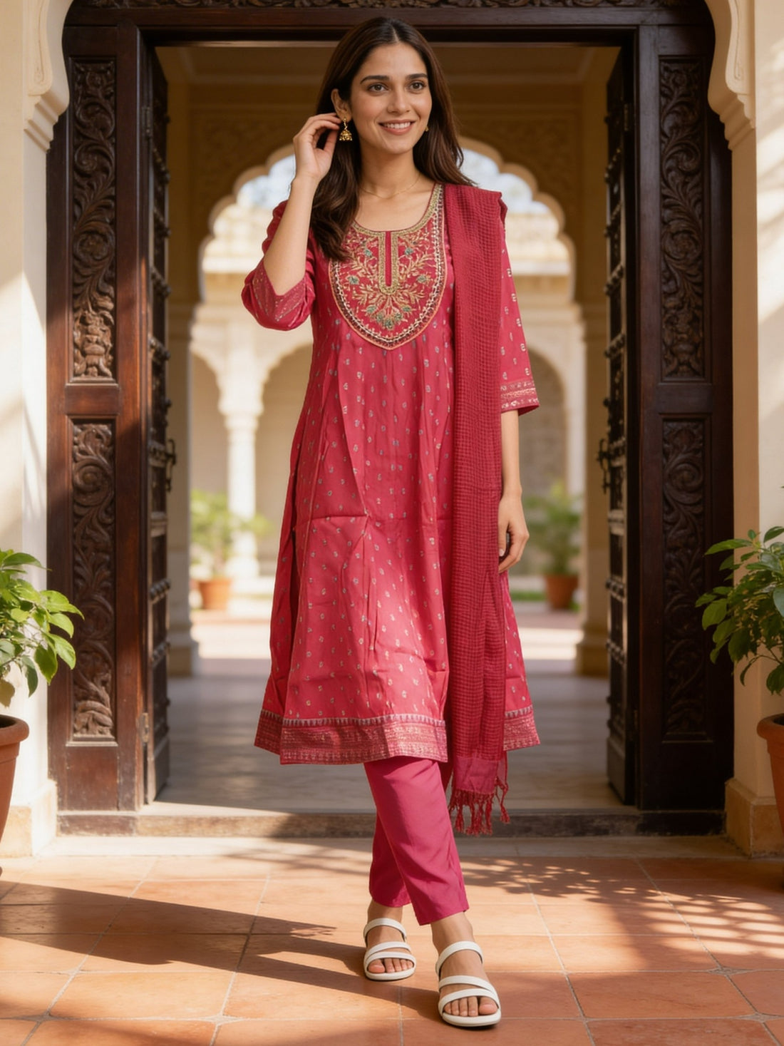 Buy Poly Viscose Embroidered Anarkali Calf Length Kurta With Pant and Dupatta-Pink
