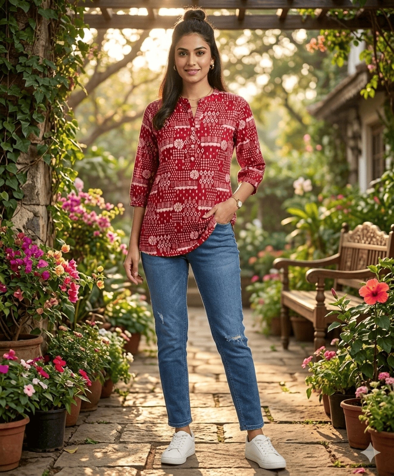 Buy Rayon Printed A-Line Short Length Short Kurta-Maroon