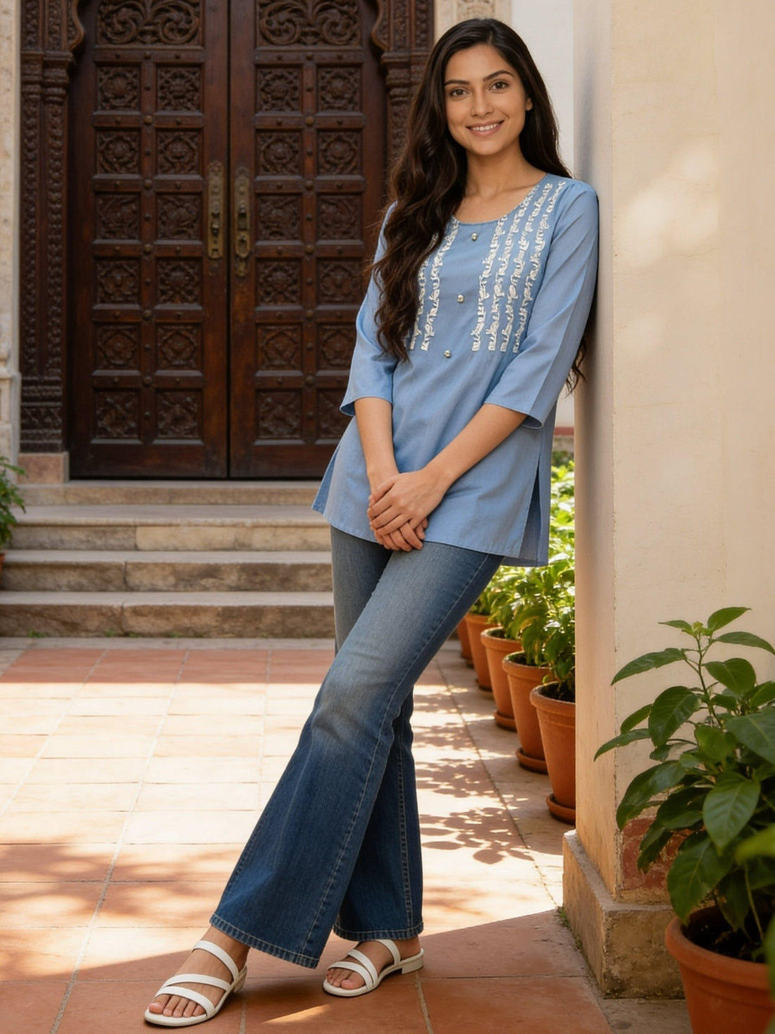 Buy Rayon Embroidered A-Line Short Length Short Kurta-Light Blue