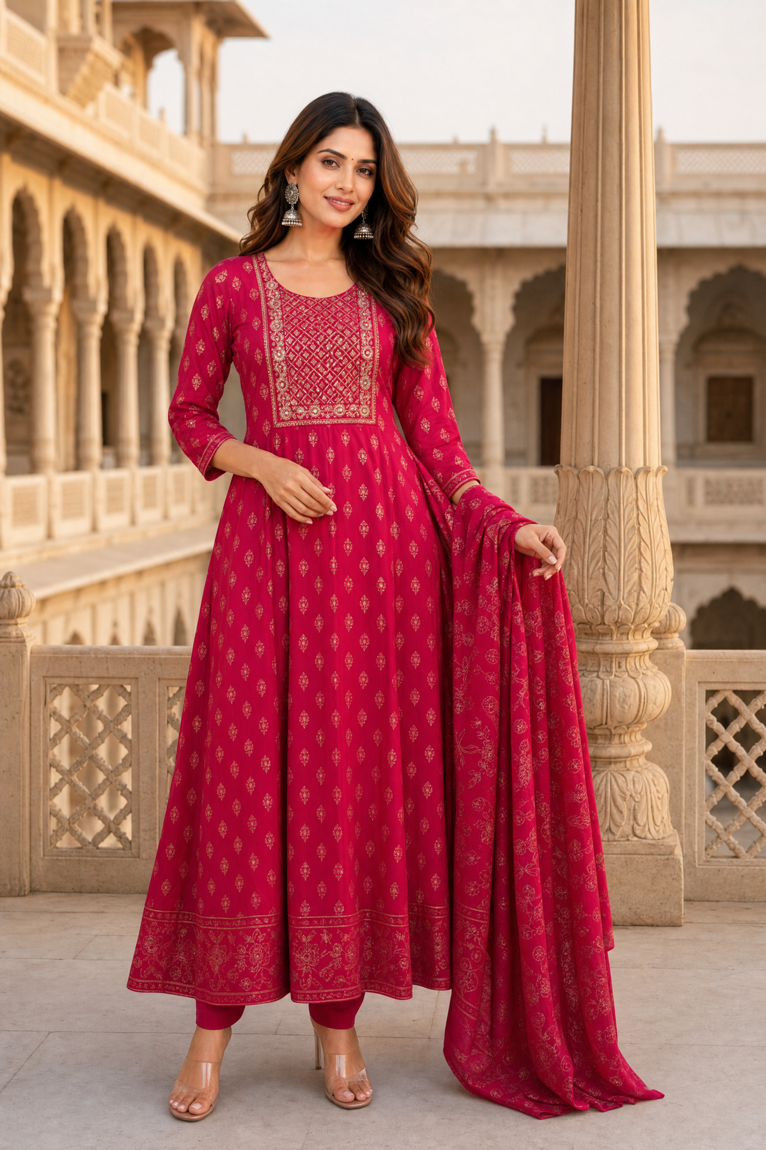 Buy Poly Viscose Embroidered Anarkali Calf Length Kurta With Pant and Dupatta-Fuchsia
