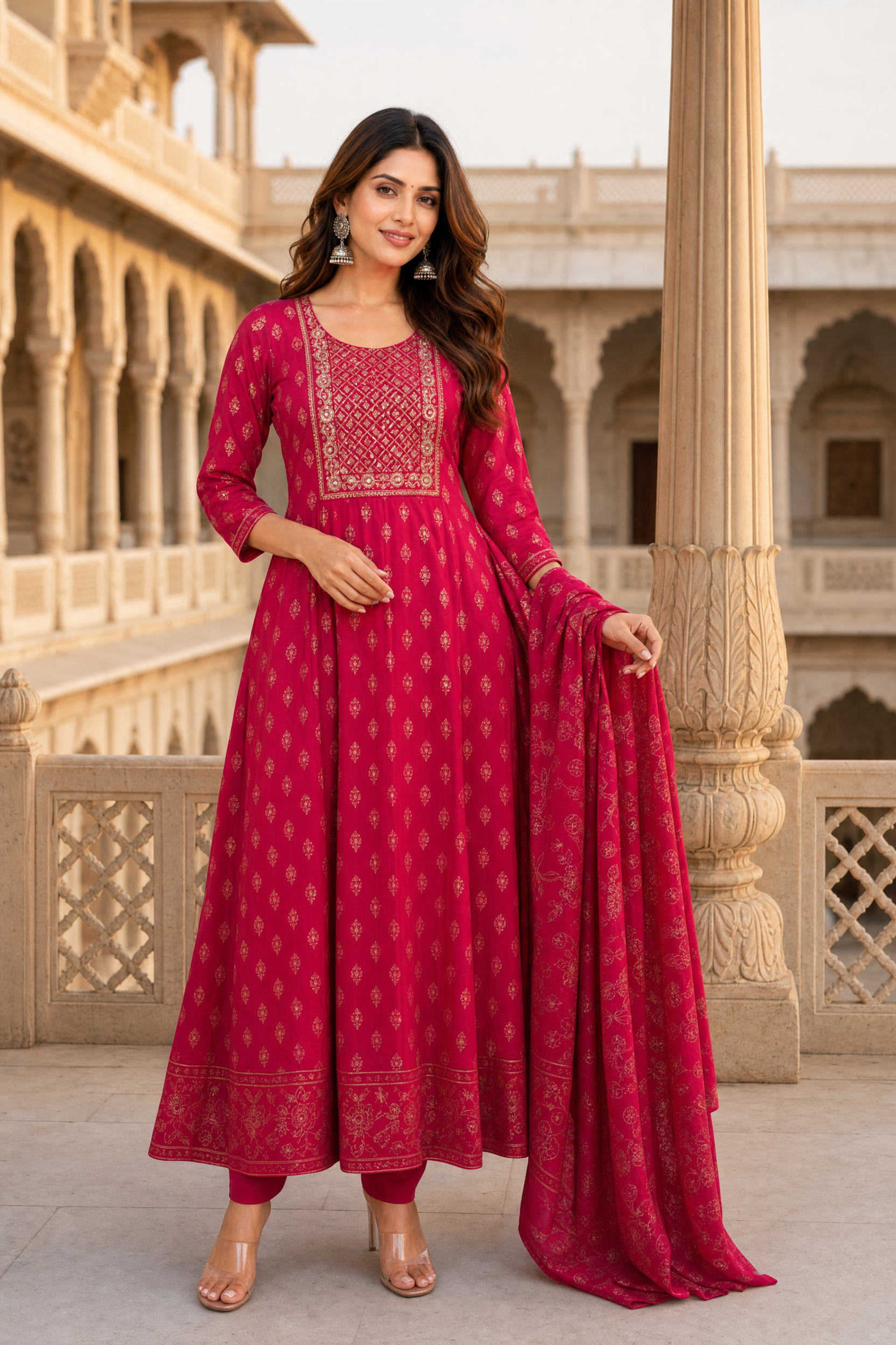 Poly Viscose Embroidered Anarkali Calf Length Kurta With Pant and Dupatta