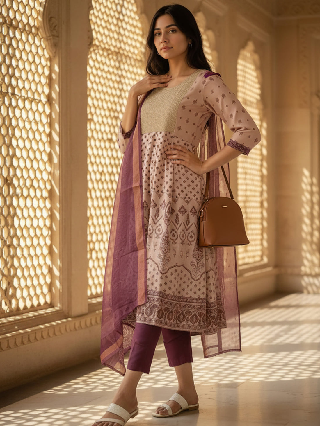 Buy Poly Viscose Embroidered Anarkali Calf Length Salwar Suit-Mauve