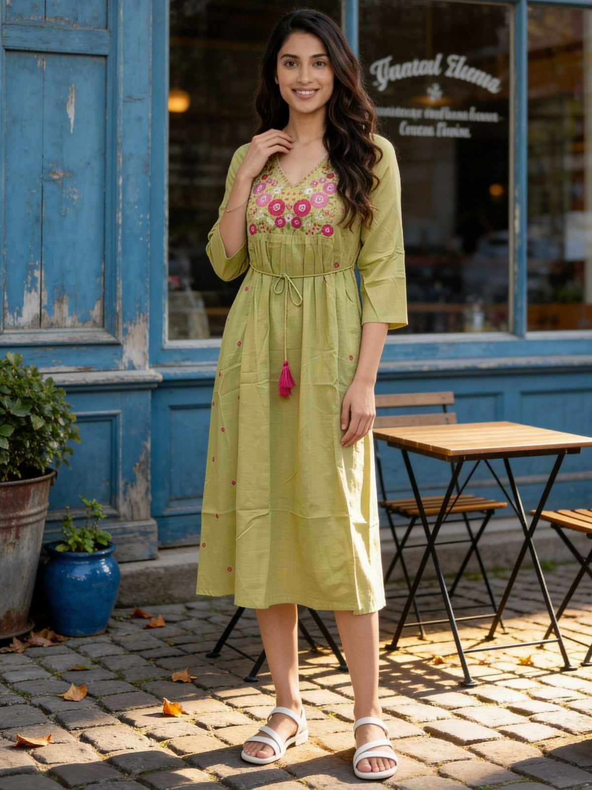 Buy Cotton Embroidered Flared Calf Length Dress-Green