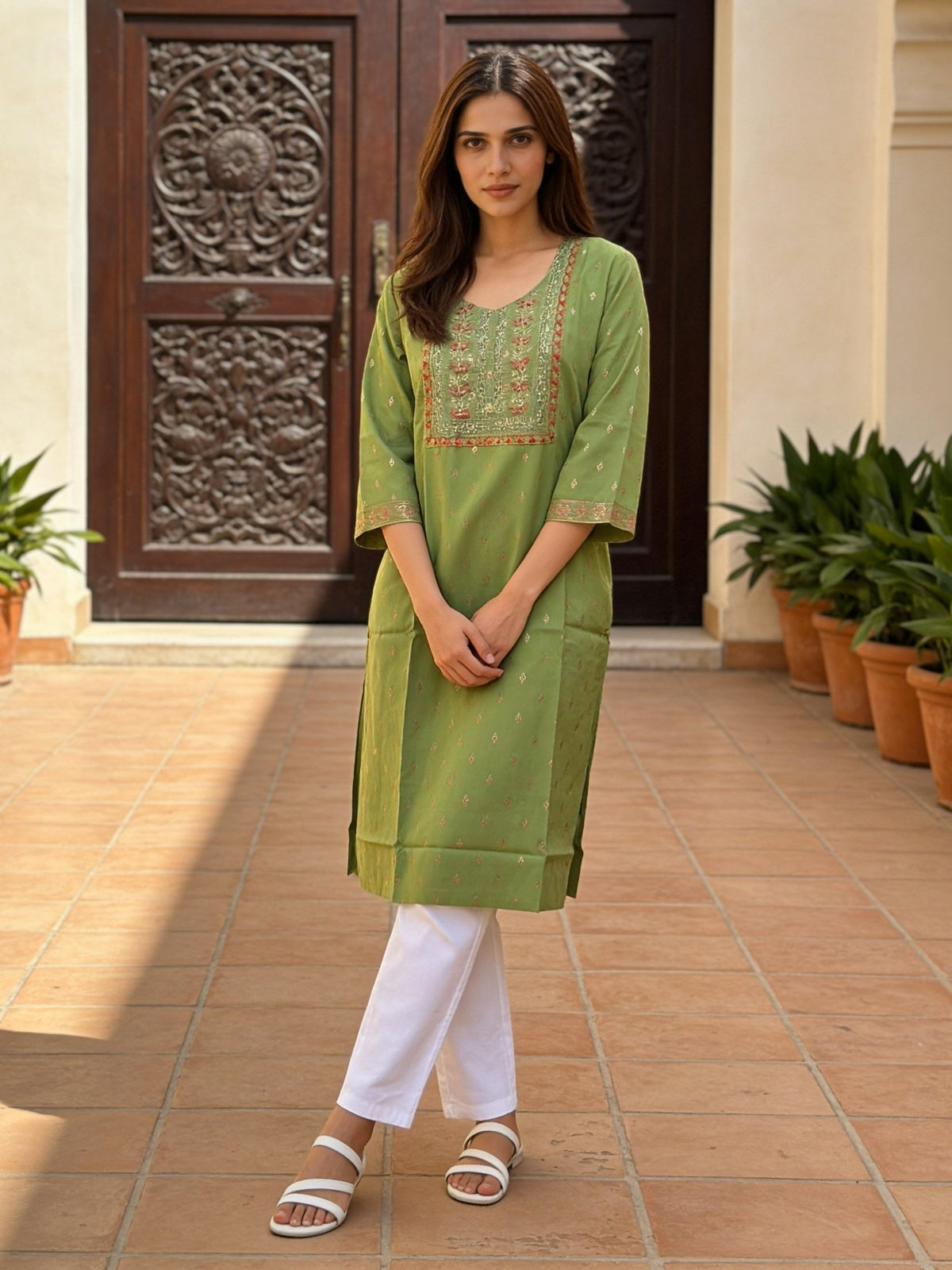Buy Rayon Embroidered Straight Calf Length Kurta-Green