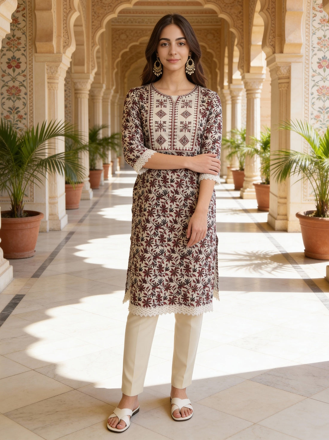Buy Rayon Embroidered Straight Calf Length Kurta-Maroon