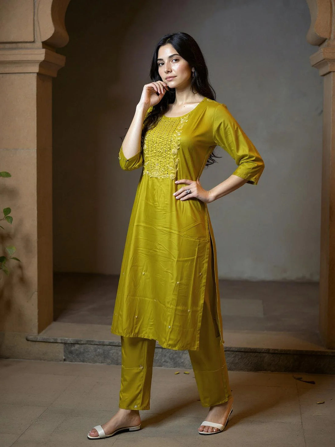 Buy Poly Viscose Embroidered Straight Calf Length Kurta with Pant-Mustard