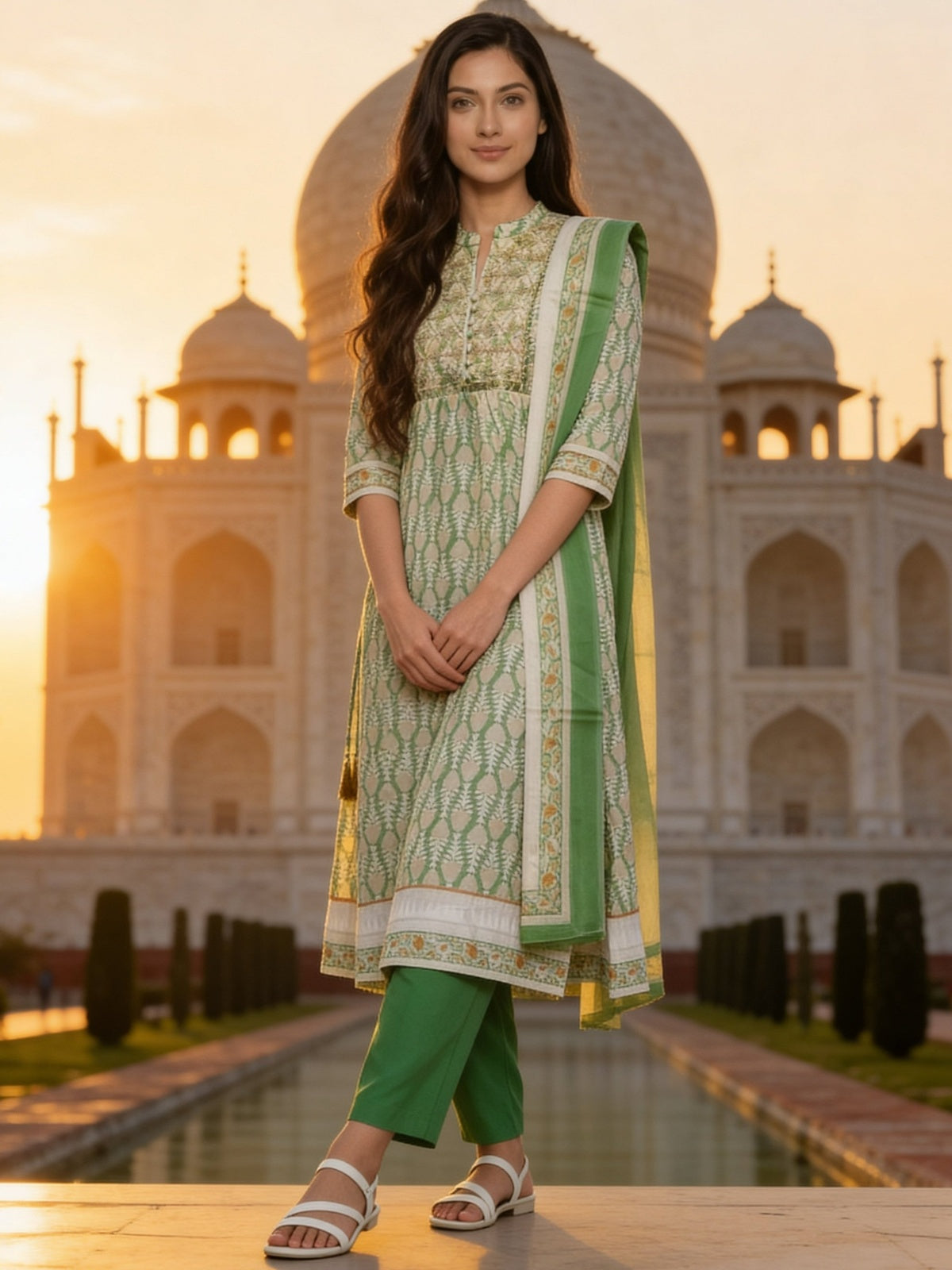 Buy Cotton Embroidered Anarkali Calf Length Kurta With Pant and Dupatta-Green