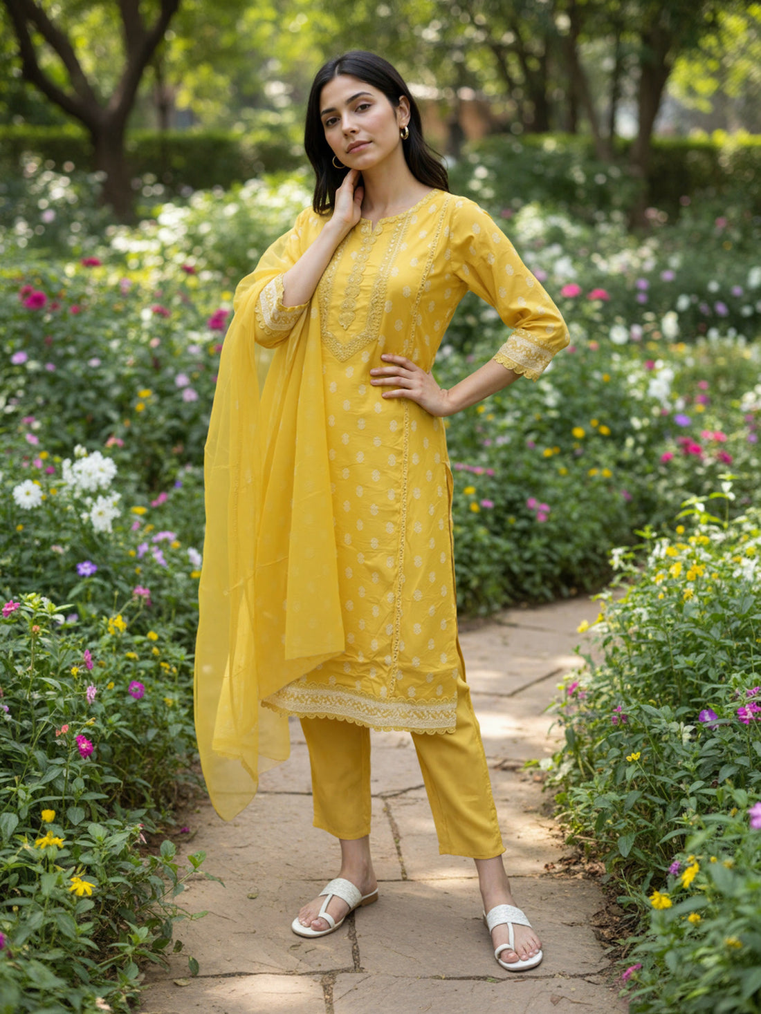 Buy Chanderi Embroidered Straight Calf Length Kurta with Pant and Dupatta-Mustard
