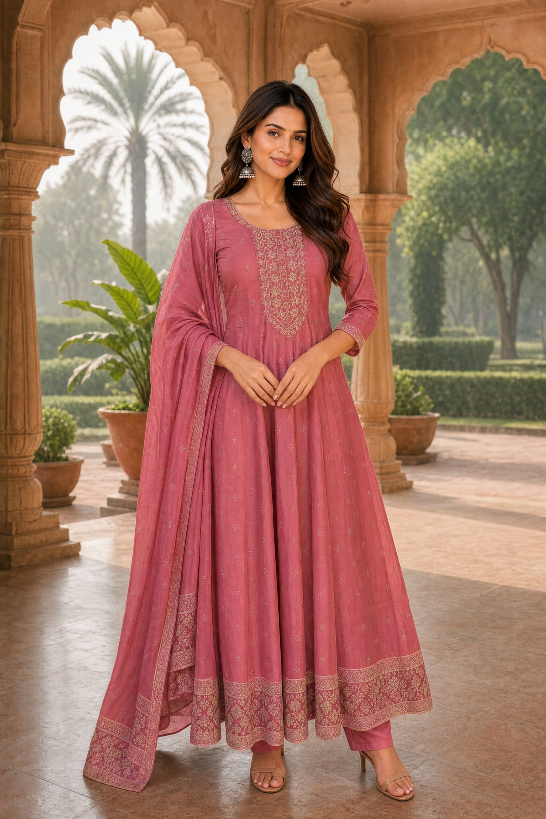 Buy Poly Viscose Embroidered Anarkali Calf Length Kurta With Pant and Dupatta-Pink