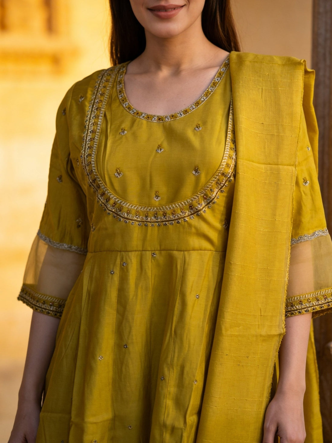 Buy Poly Viscose Embroidered Anarkali Calf Length Kurta With Pant and Dupatta-Yellow