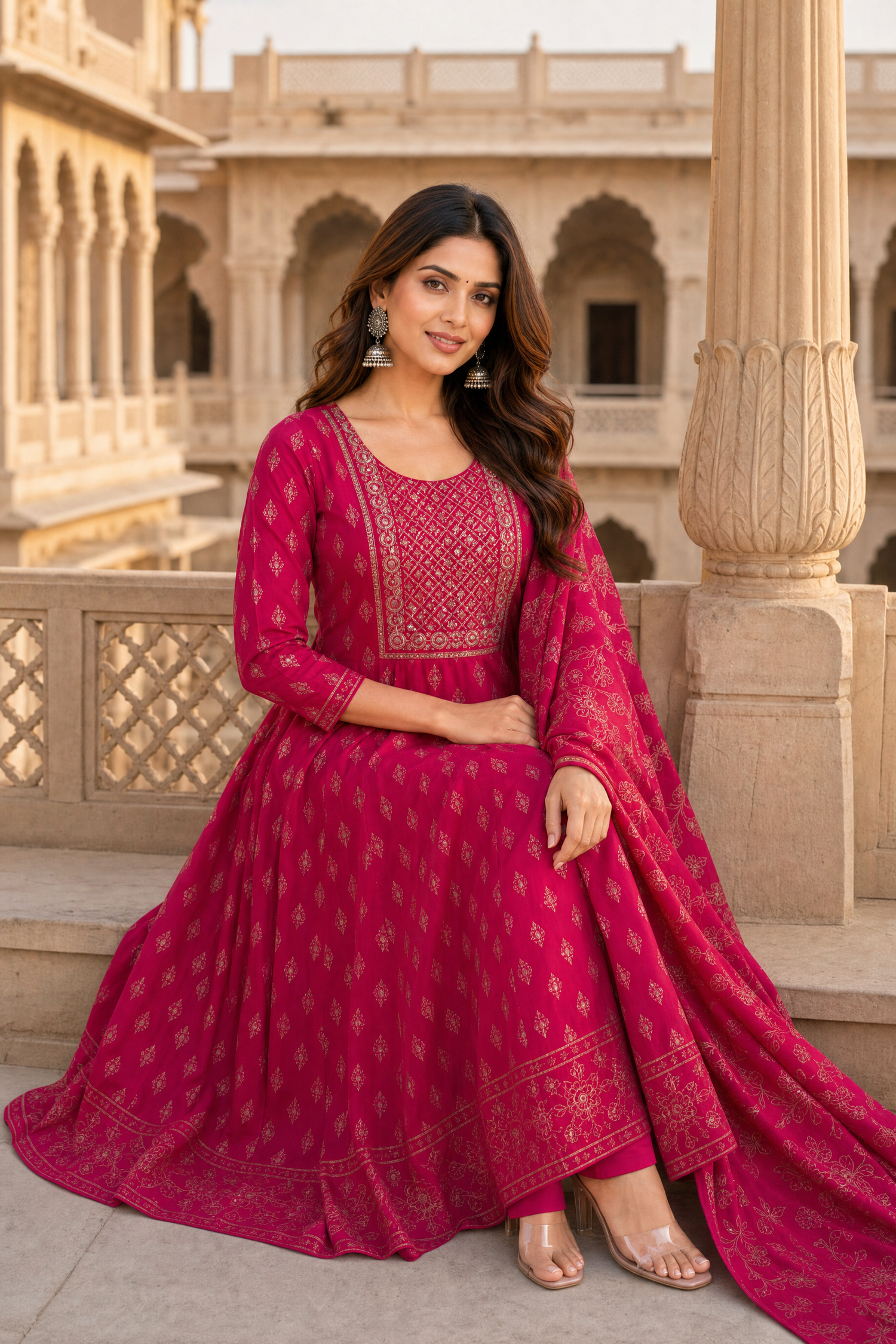 Buy Poly Viscose Embroidered Anarkali Calf Length Kurta With Pant and Dupatta-Fuchsia