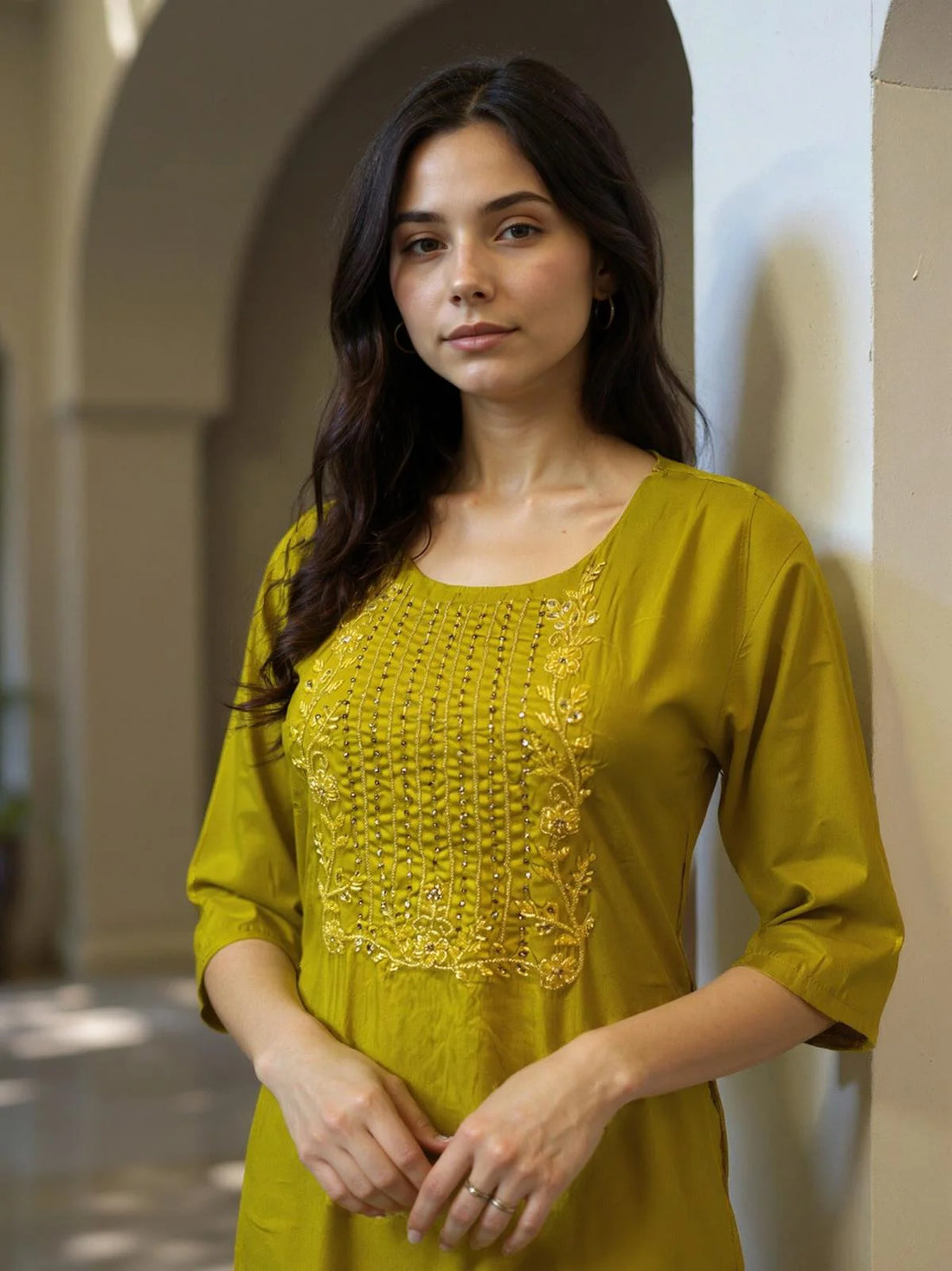 Buy Poly Viscose Embroidered Straight Calf Length Kurta with Pant-Mustard
