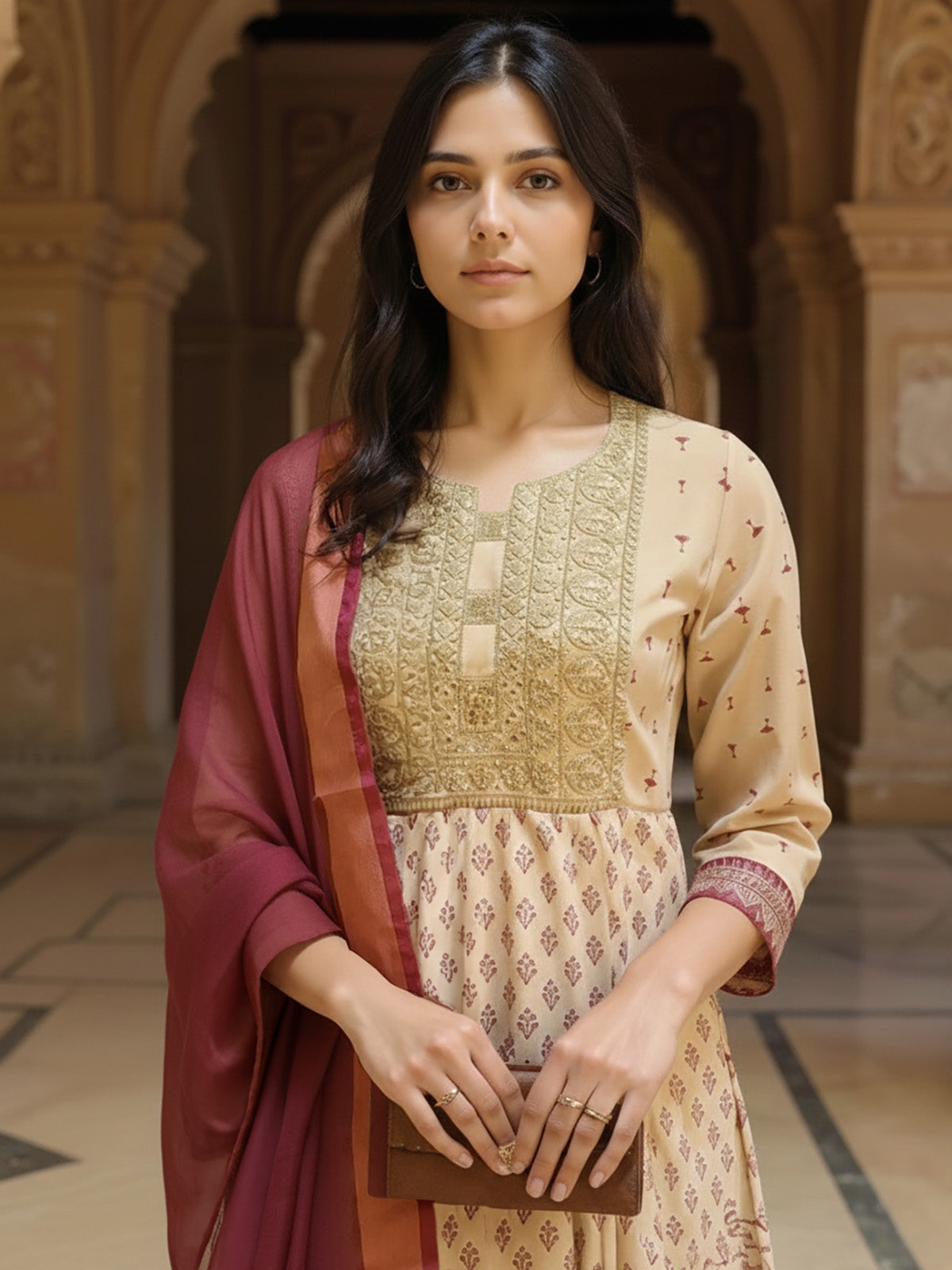 Buy Poly Viscose Embroidered Anarkali Calf Length Salwar Suit-Beige