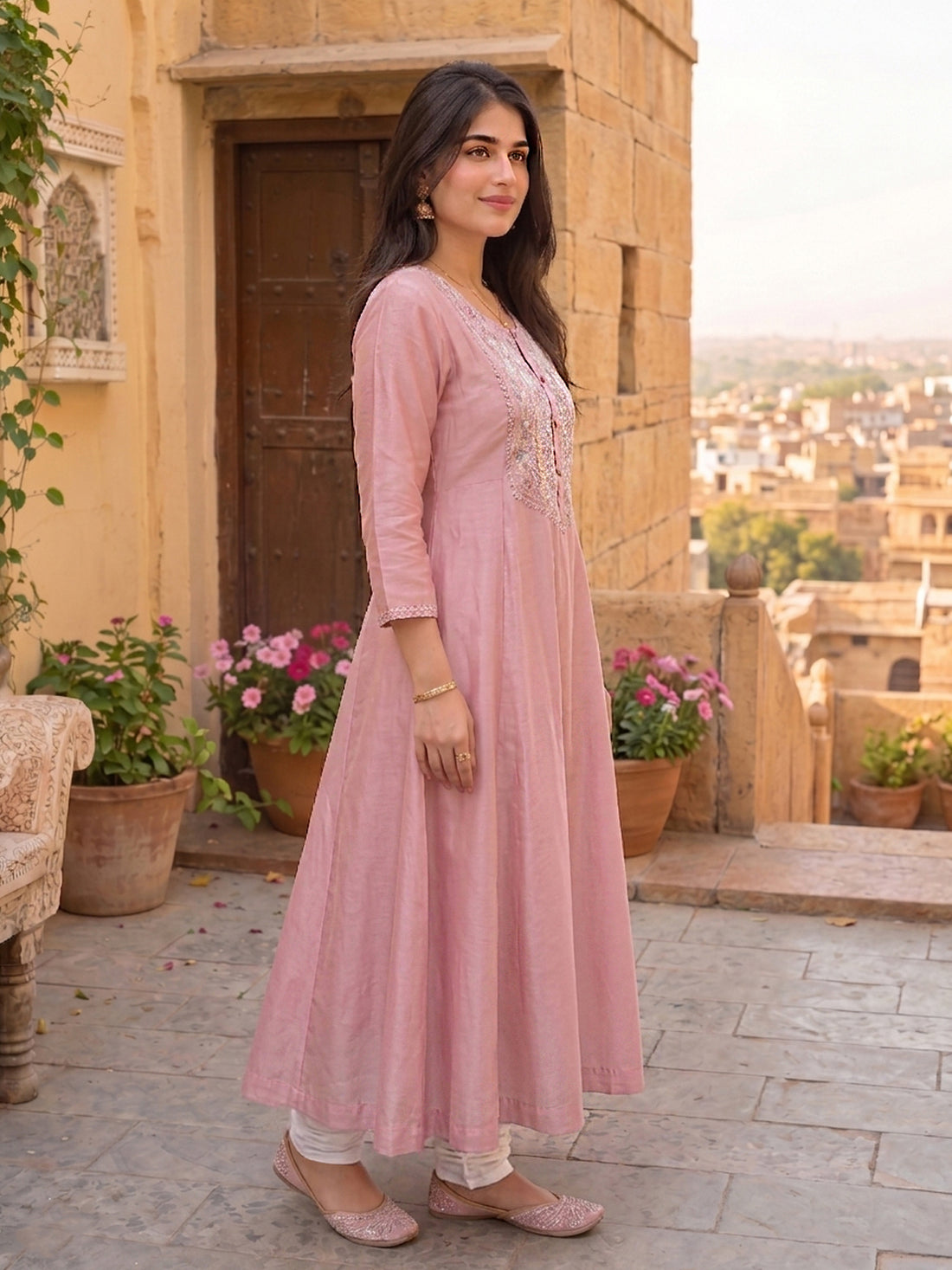 Buy Chanderi Embroidered Anarkali Calf Length Kurta-Lilac