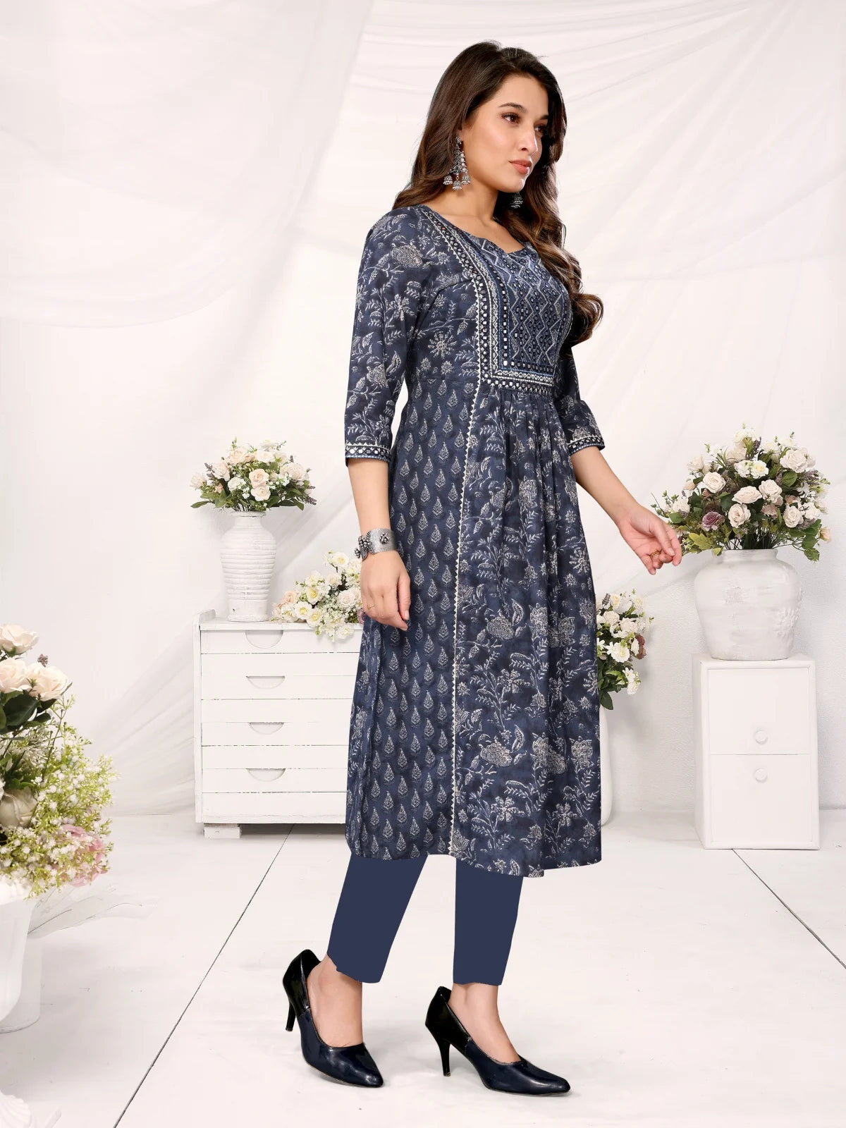 Buy Cotton Embroidered Calf Length Flared Kurta-Navy Blue