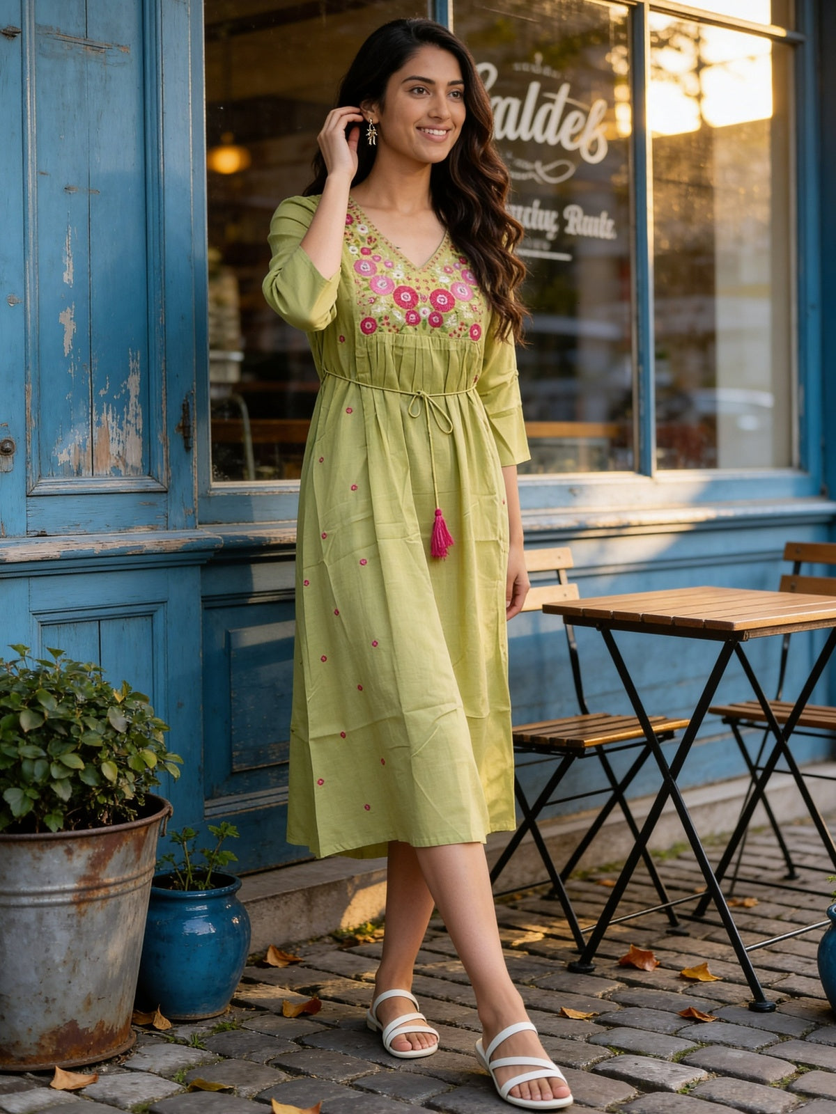 Buy Cotton Embroidered Flared Calf Length Dress-Green