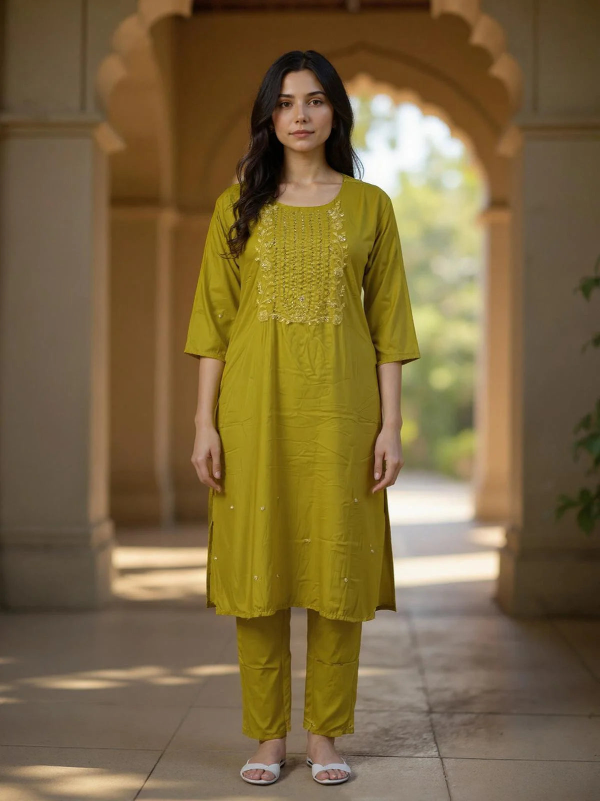Buy Poly Viscose Embroidered Straight Calf Length Kurta with Pant-Mustard