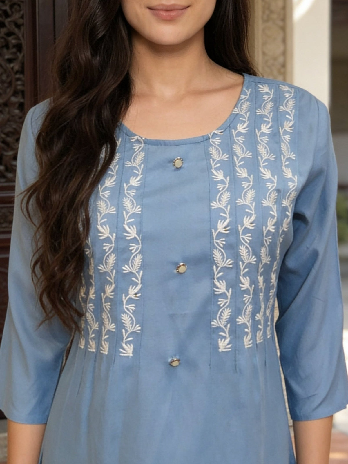 Buy Rayon Embroidered A-Line Short Length Short Kurta-Light Blue