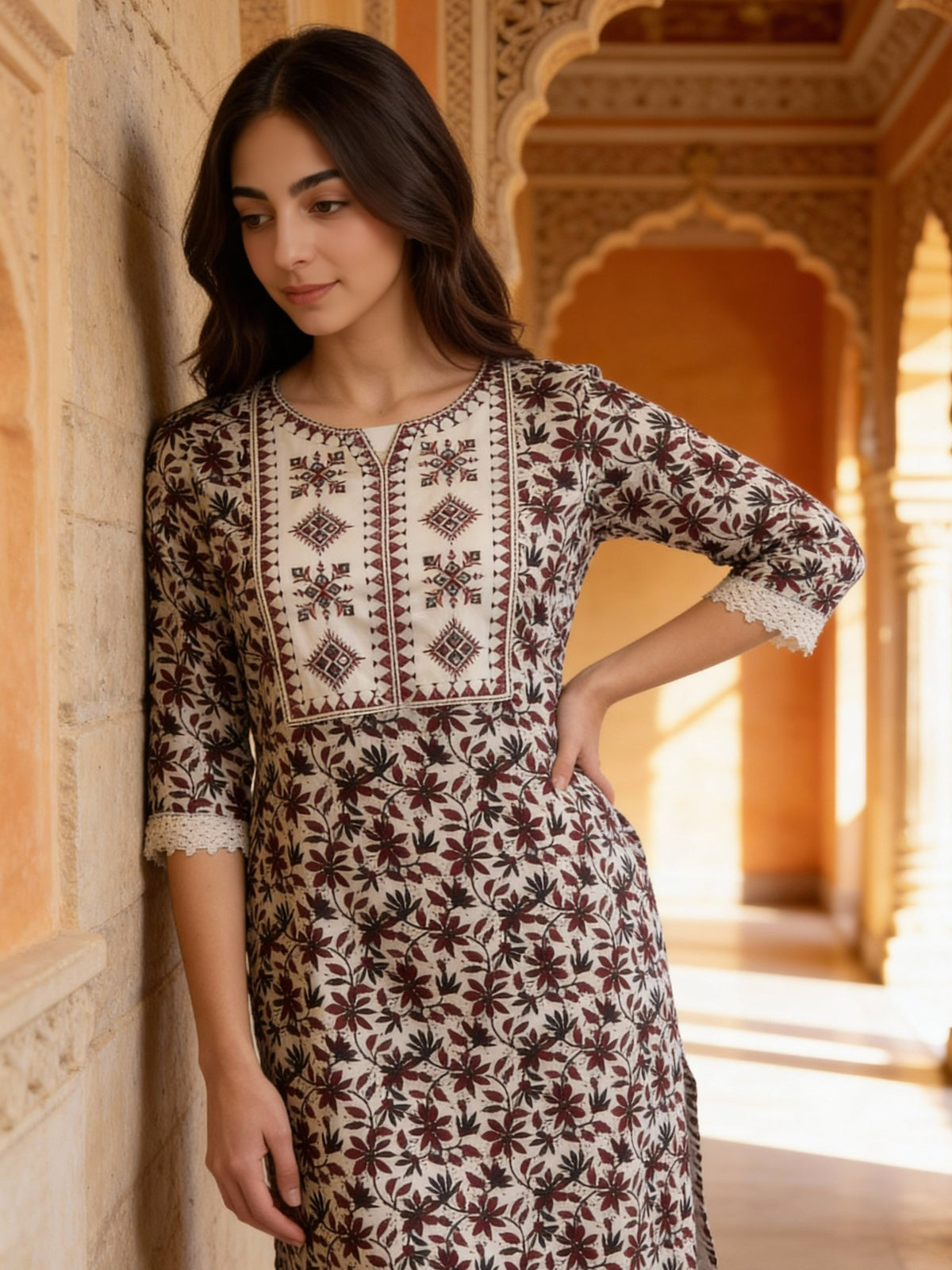 Buy Rayon Embroidered Straight Calf Length Kurta-Maroon