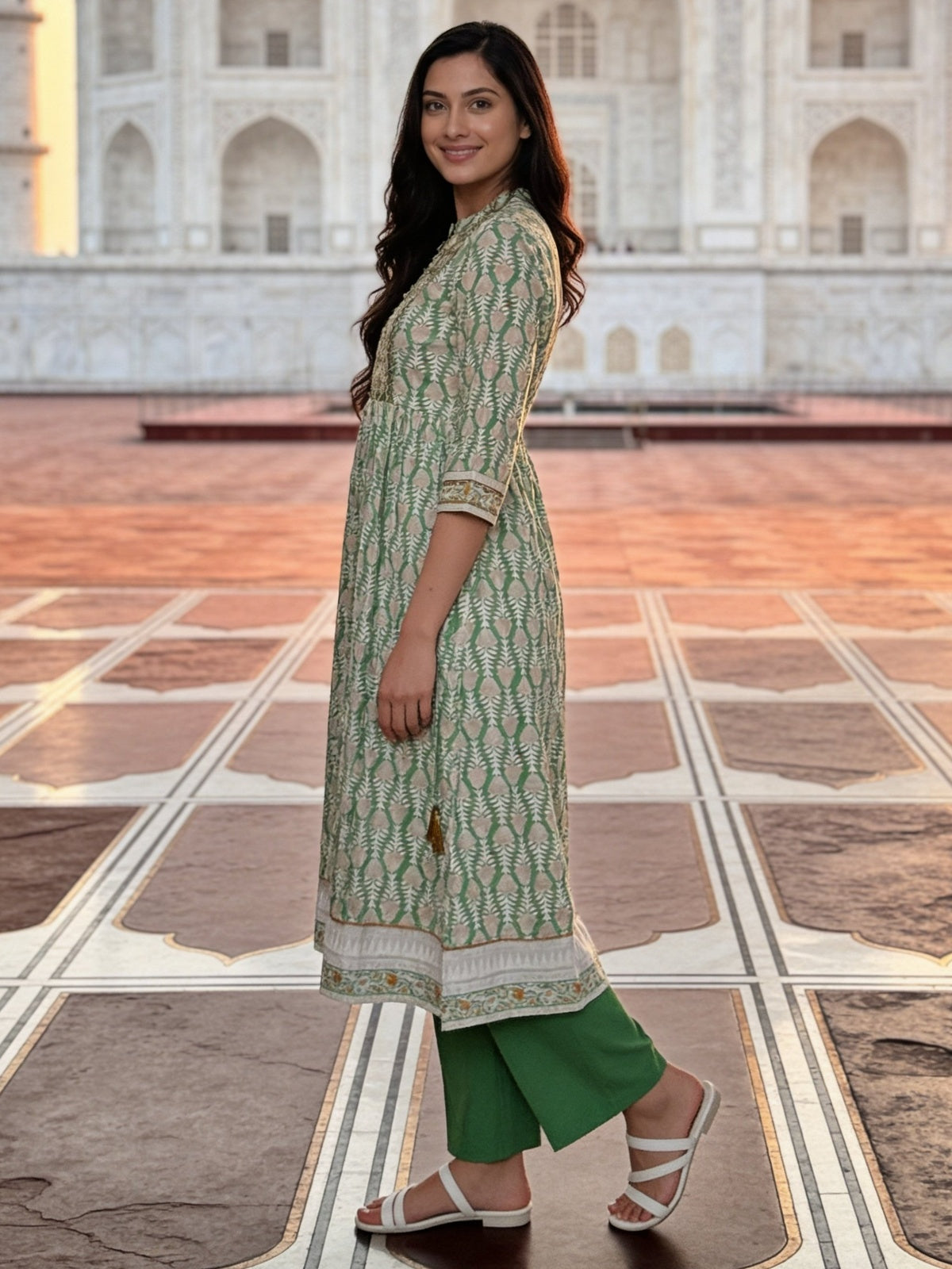 Buy Cotton Embroidered Anarkali Calf Length Kurta With Pant and Dupatta-Green