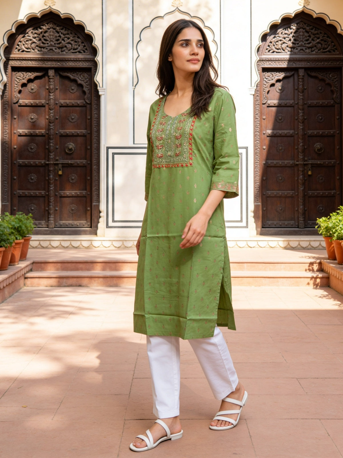 Buy Rayon Embroidered Straight Calf Length Kurta-Green