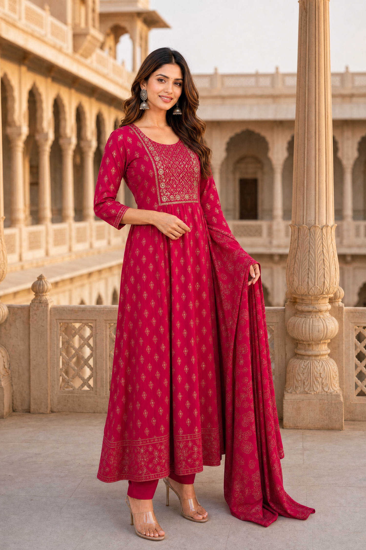 Buy Poly Viscose Embroidered Anarkali Calf Length Kurta With Pant and Dupatta-Fuchsia