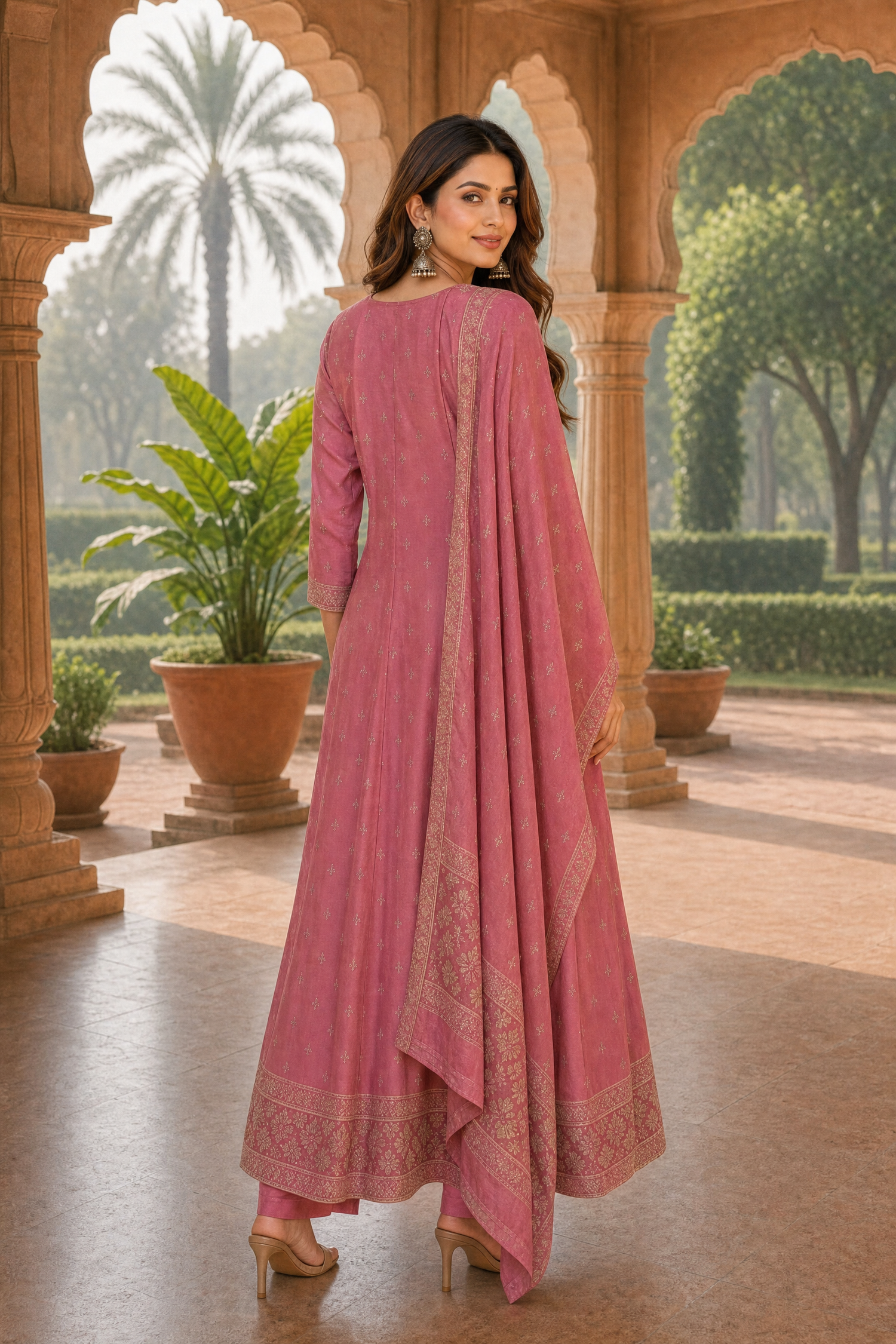Buy Poly Viscose Embroidered Anarkali Calf Length Kurta With Pant and Dupatta-Pink