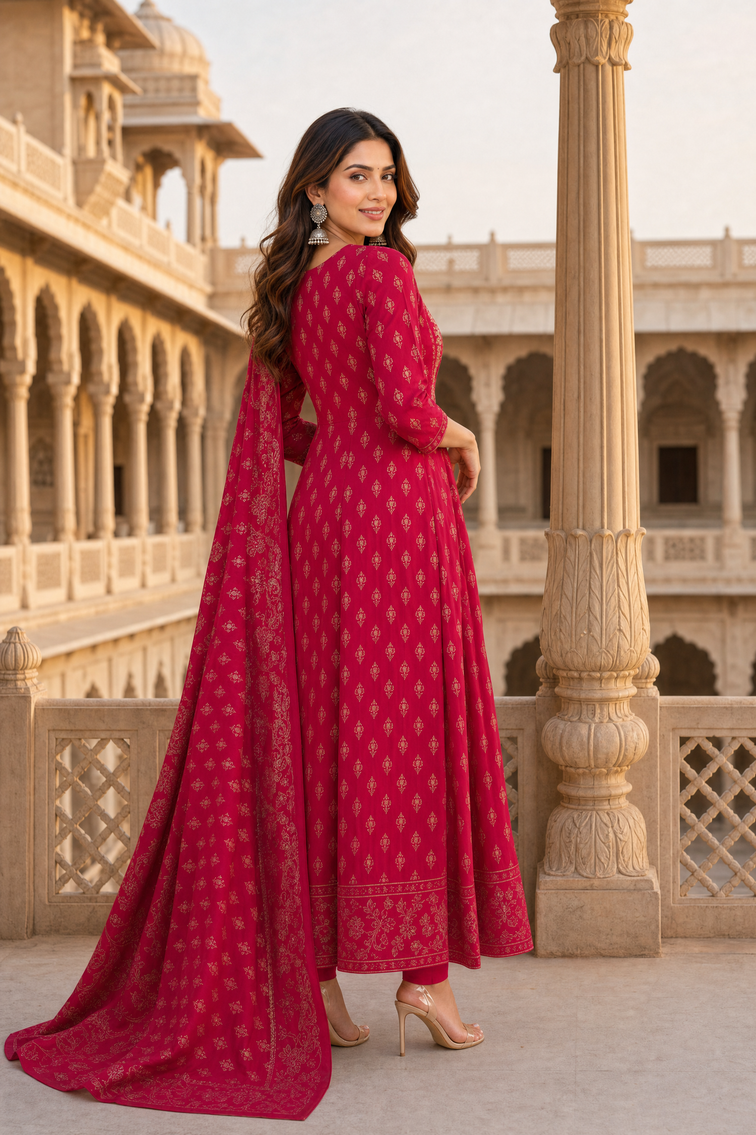 Buy Poly Viscose Embroidered Anarkali Calf Length Kurta With Pant and Dupatta-Fuchsia